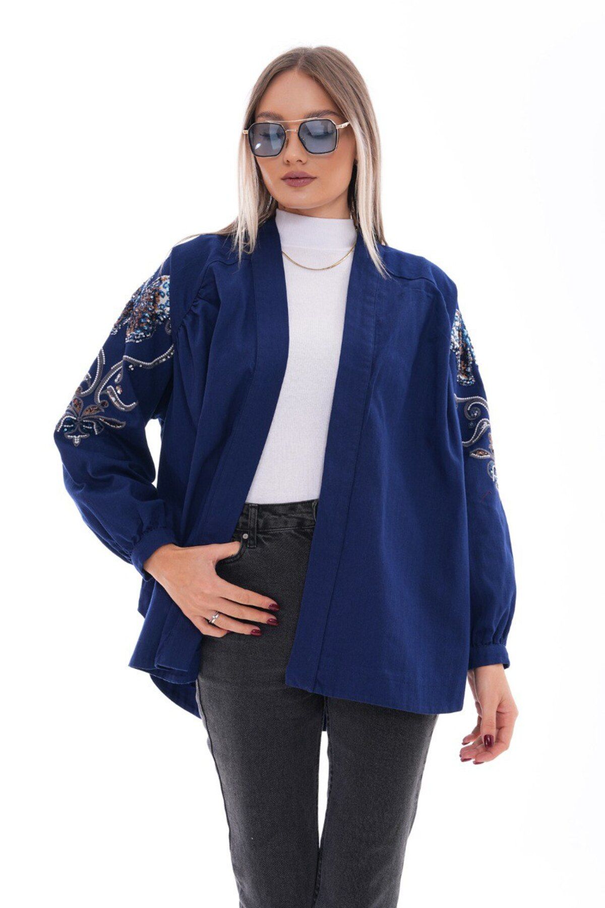 Dadali Nakışlı denim kimono