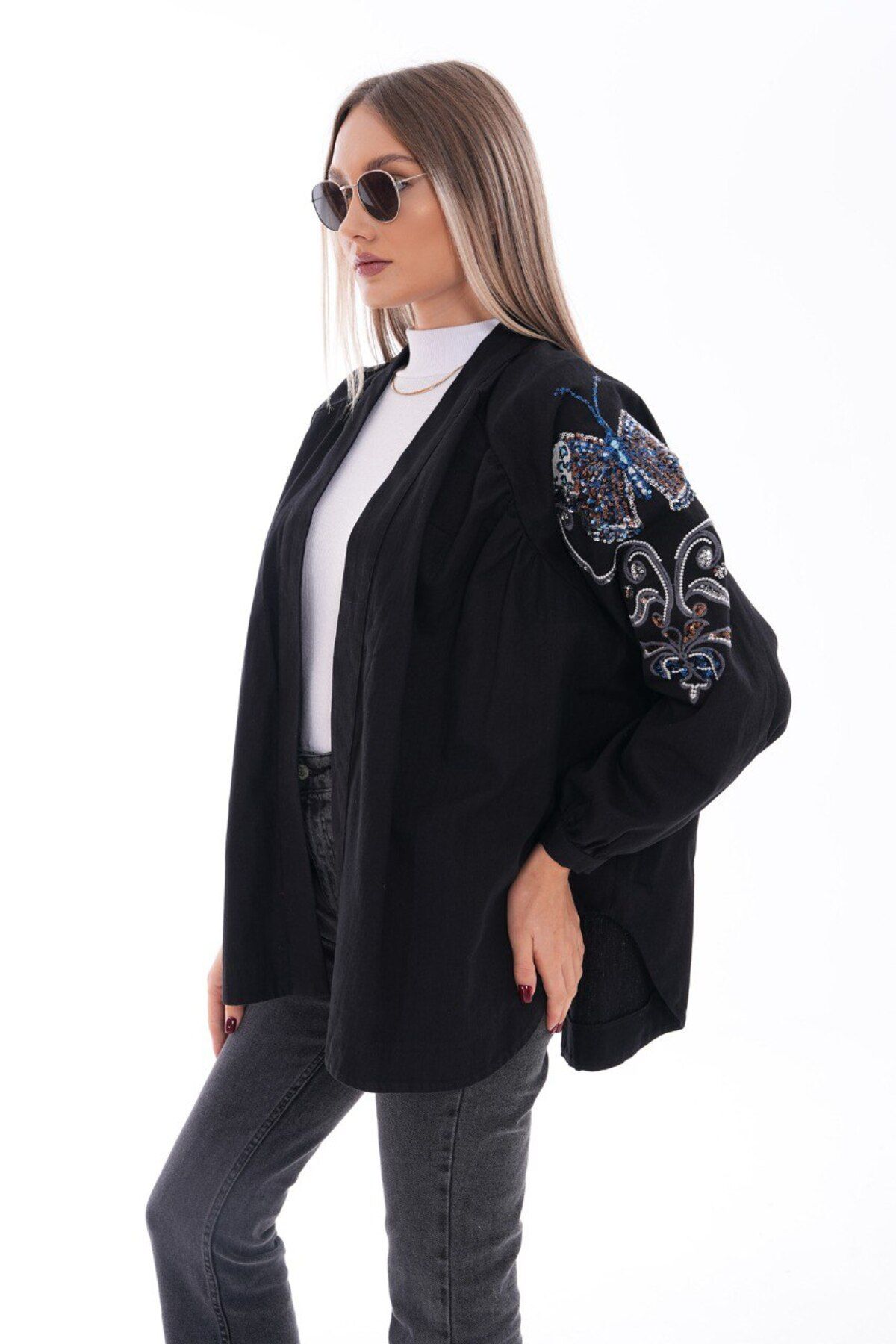 Nakışlı denim kimono