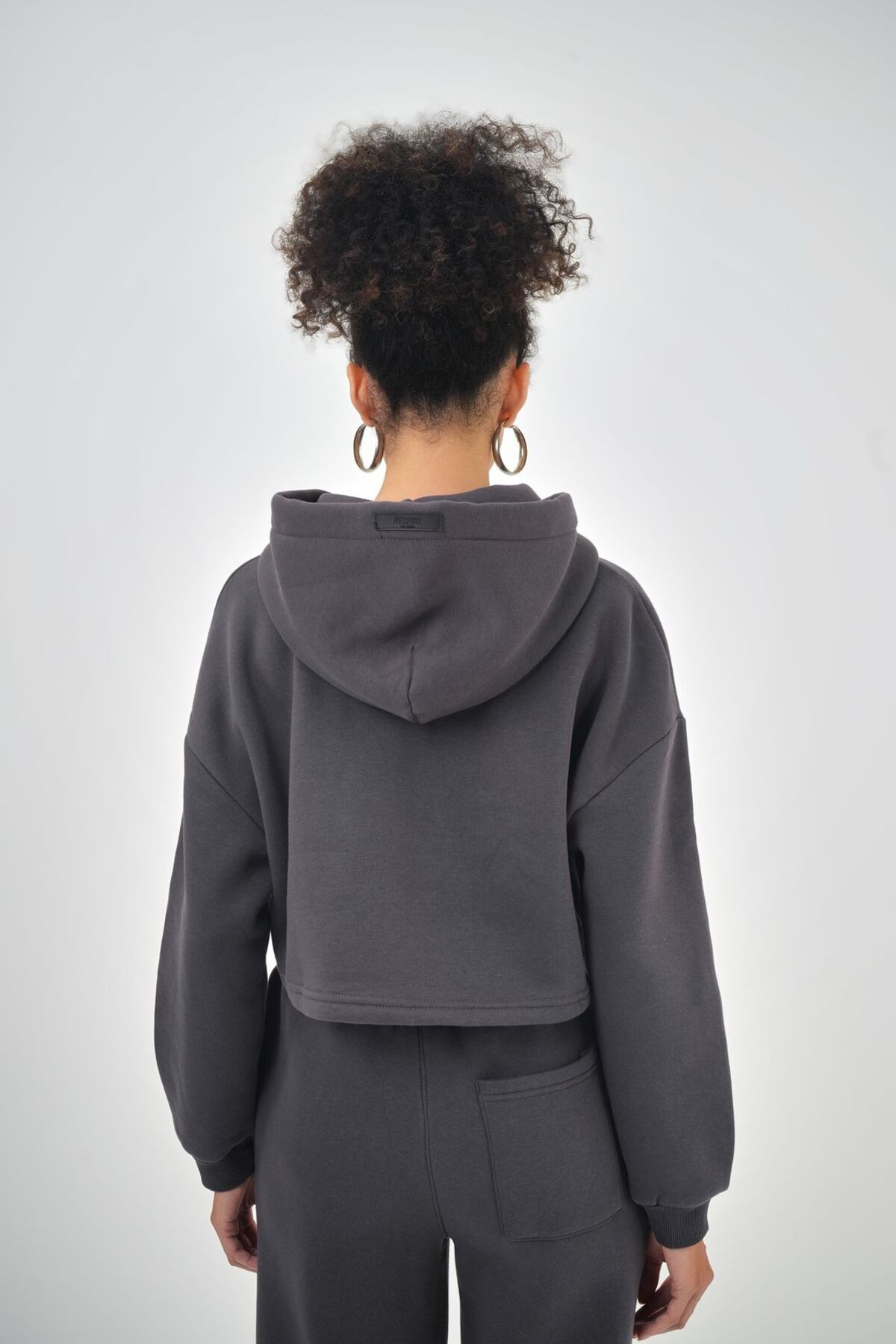 Kadın Kapüşonlu Bağcık Detaylı Oversize Basic Crop Hoodie