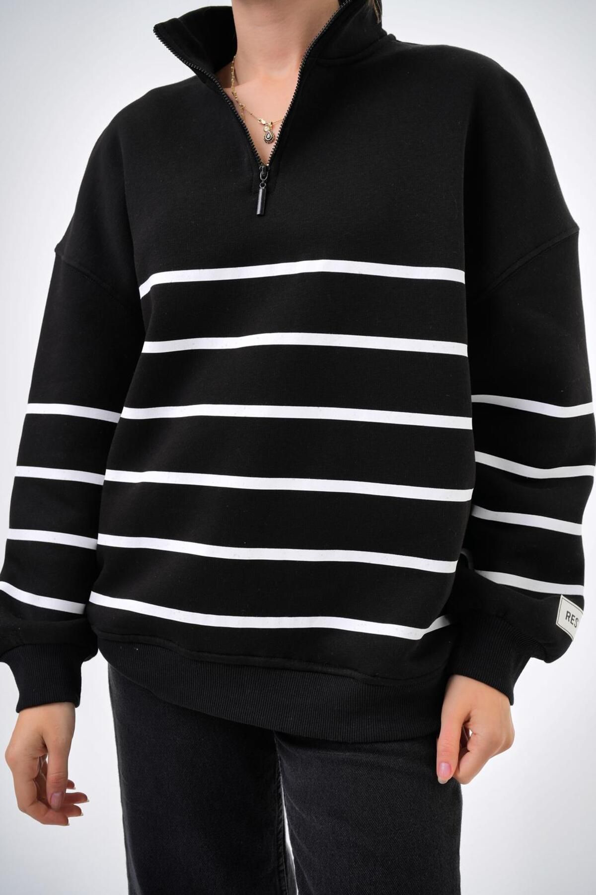 Kadın Fermuarlı Şerit Çizgi Detaytlı Oversize Sweatshirt