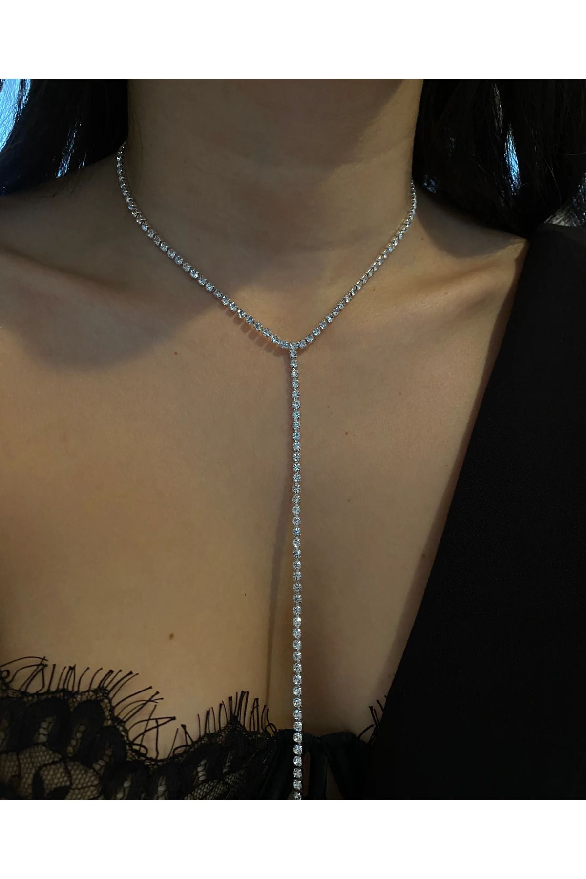 One Row Kristal Taşlı Rhinestone Gümüş Kaplama Choker Dekolte Kolyesi