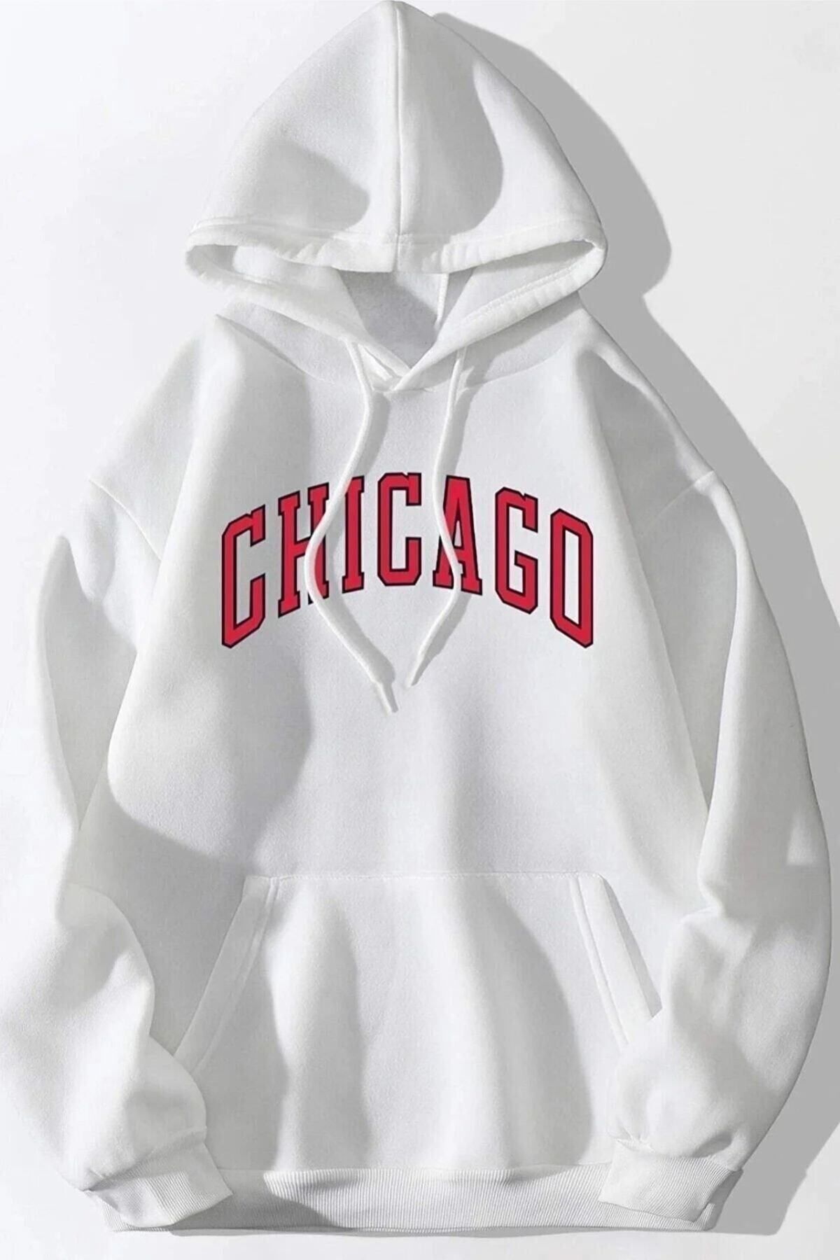 abitso Unisex Beyaz ChicagoBaskı Kapüşonlu Sw...