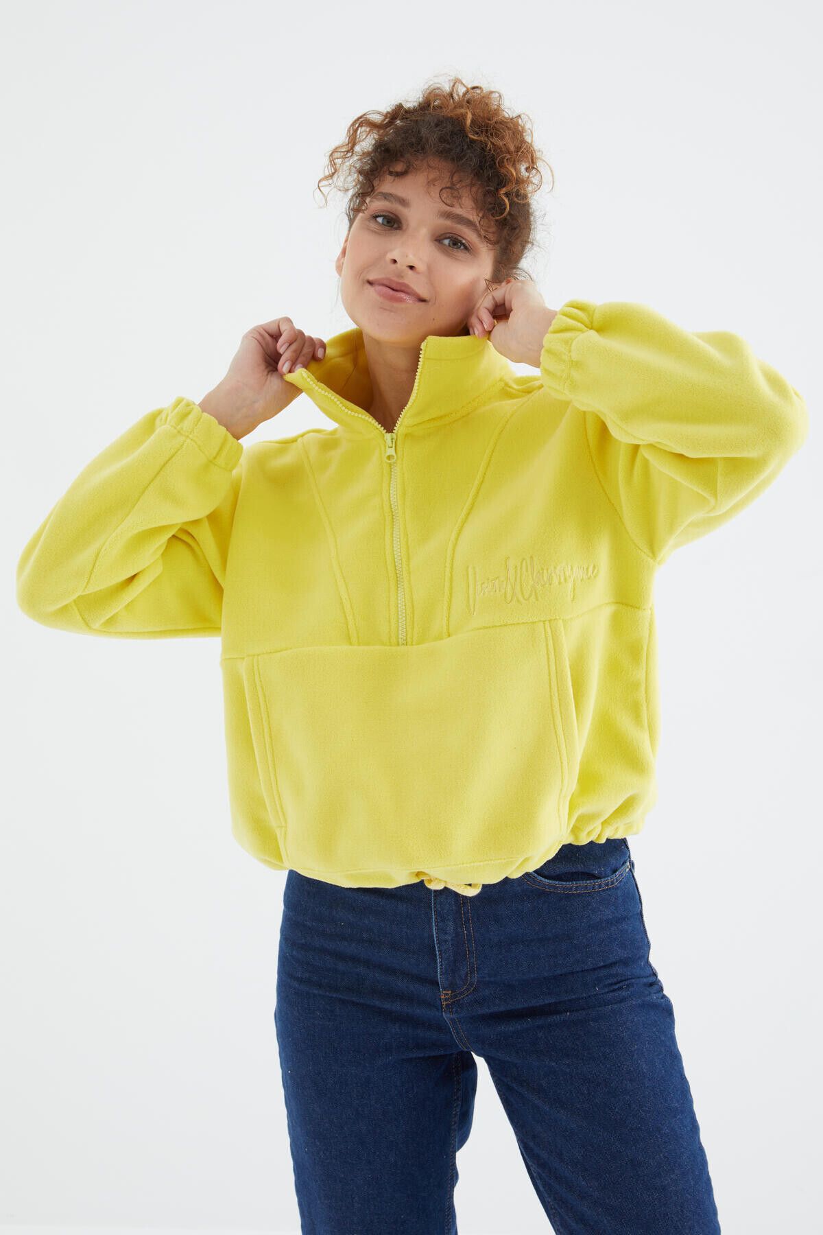 Limon Yarım Fermuar Etek Ucu Büzgülü Kadın Polar Oversize Sweatshirt - 97171