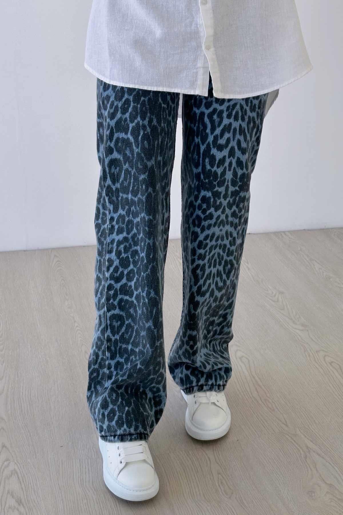 Leopar Desen Pantolon - Mavi