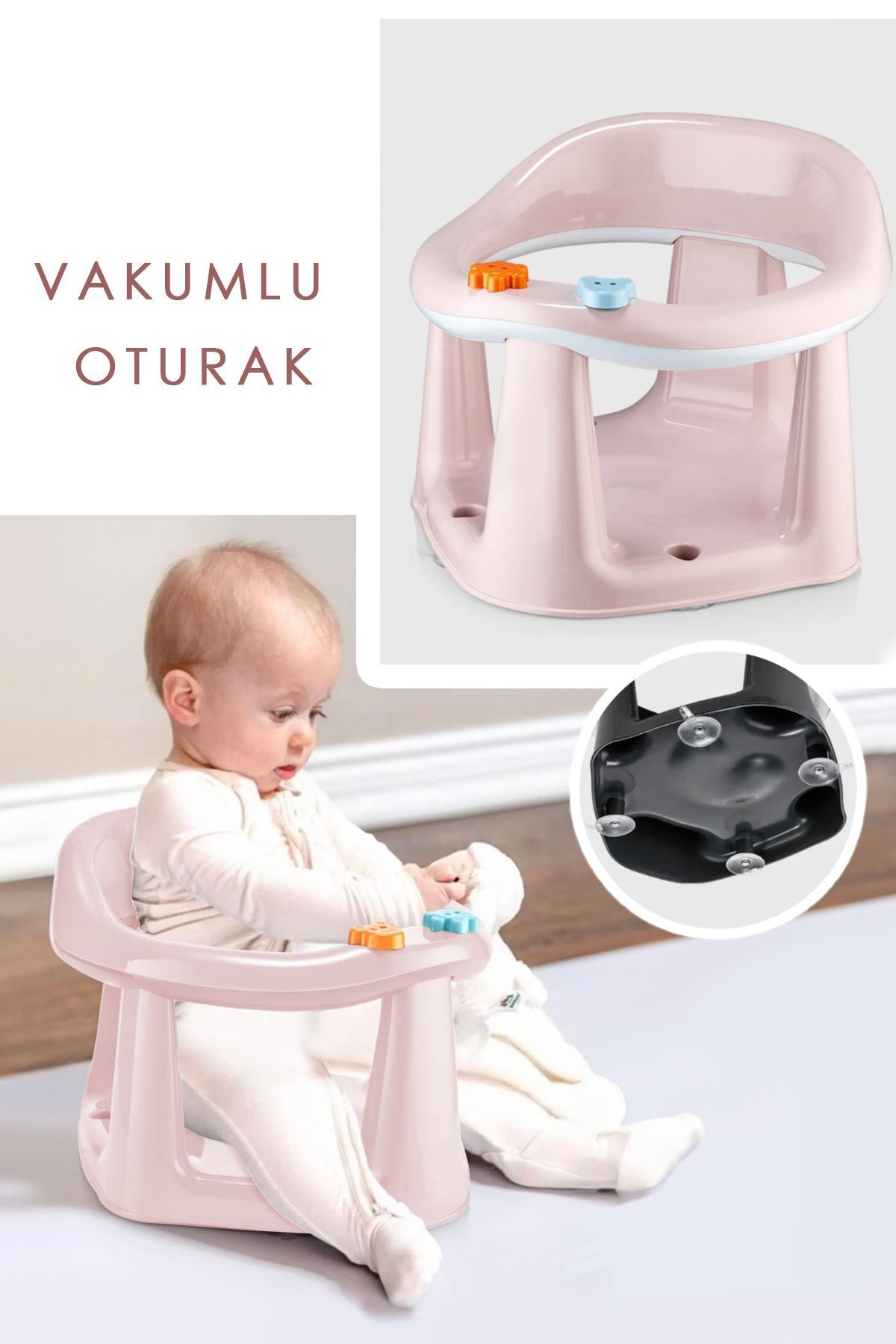 Vakum Tabanlı Bebek Mama Sandalye Oturağı Oyuncaklı Banyo Oturağı PEMBE