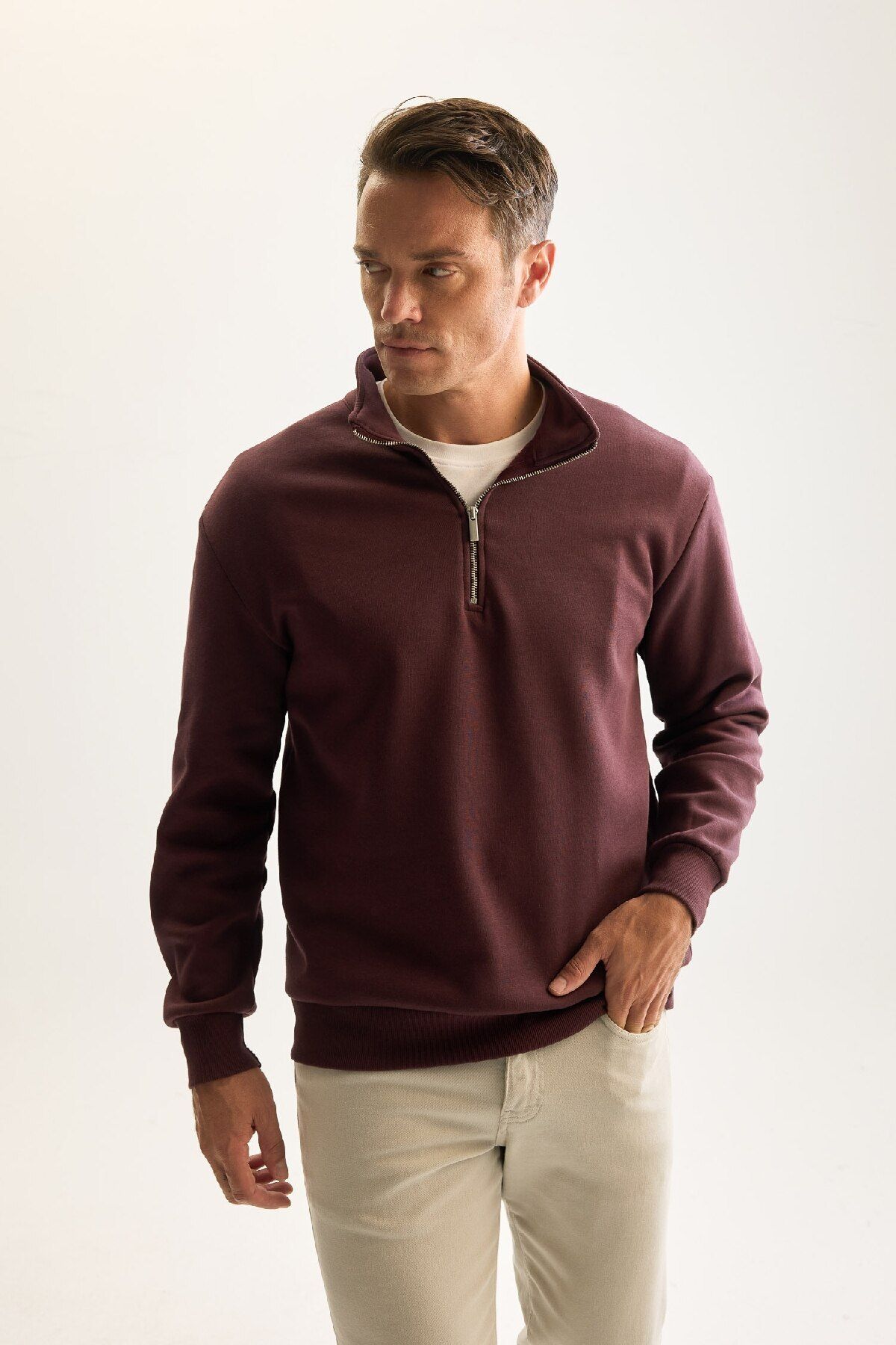 Erkek Bordo 3 Iplik Pamuklu Şardonlu Içi Polarlı Regular Fit Dik Yaka Fermuarlı Kalın Sweatshirt