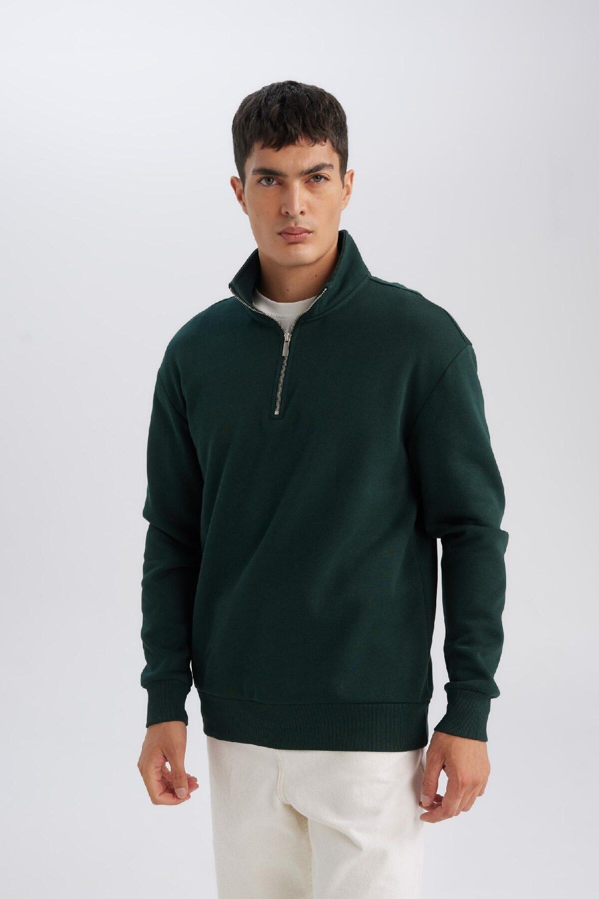 Erkek Yeşil 3 Iplik Pamuklu Şardonlu Içi Polarlı Regular Fit Dik Yaka Fermuarlı Kalın Sweatshirt