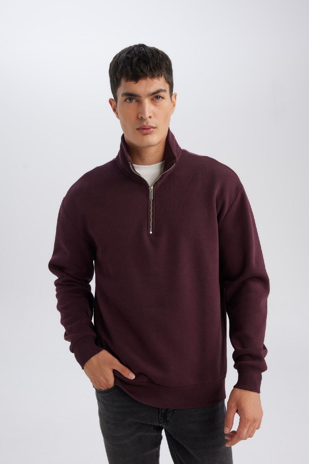 Erkek Bordo 3 Iplik Pamuklu Şardonlu Içi Polarlı Regular Fit Dik Yaka Fermuarlı Kalın Sweatshirt