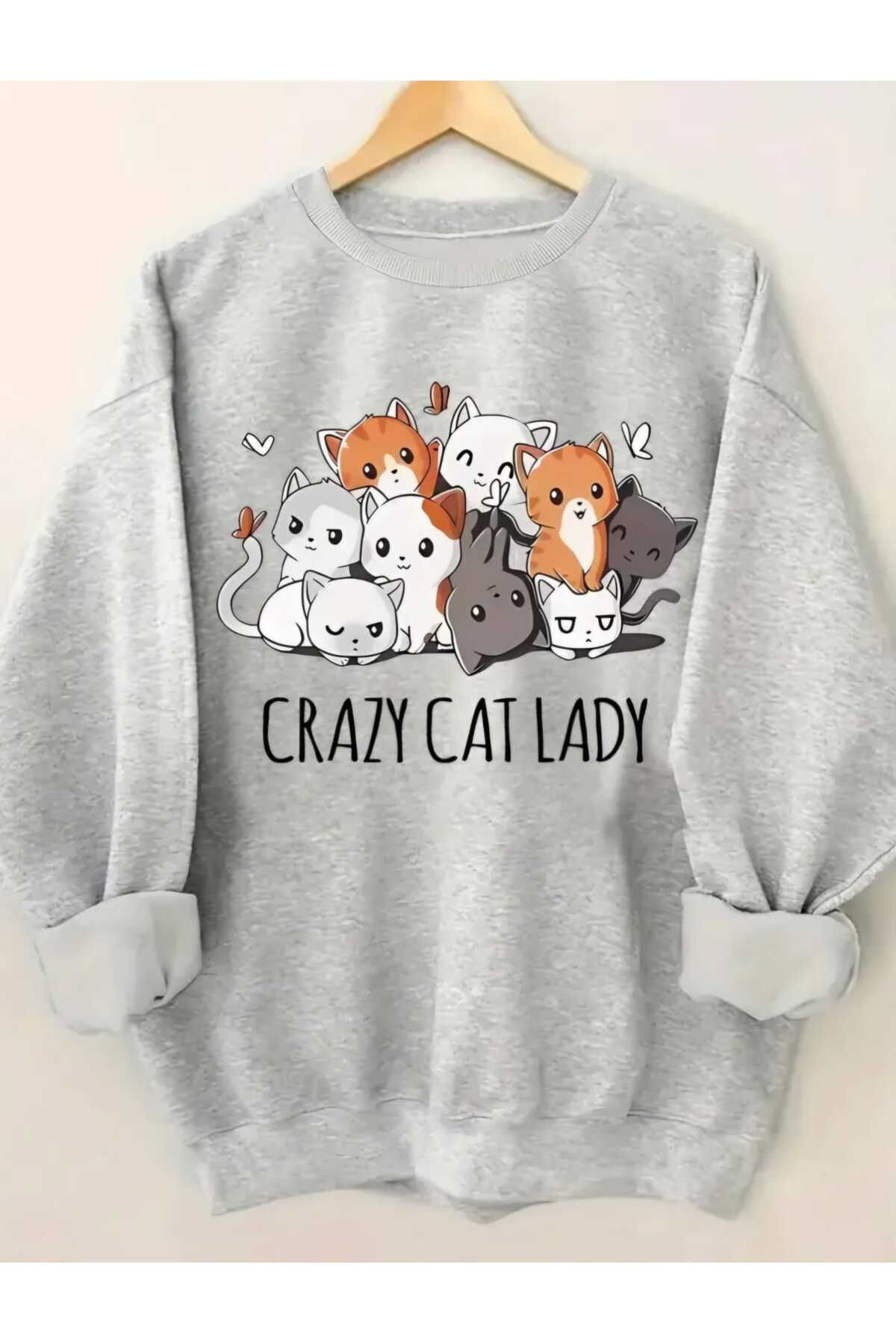 Crazy Cat LadyYazılı Baskılı Bisiklet Yaka Oversize Sweatshirt