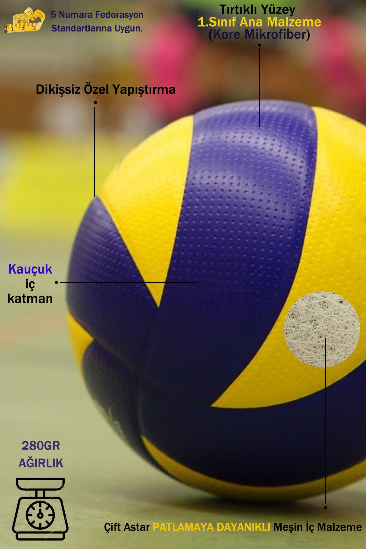 8 Panel Yarı Profesyonel Mikrofiber Yumuşak Dokunuş Kaymaz Yüzey 5 Numara Voleybol Topu