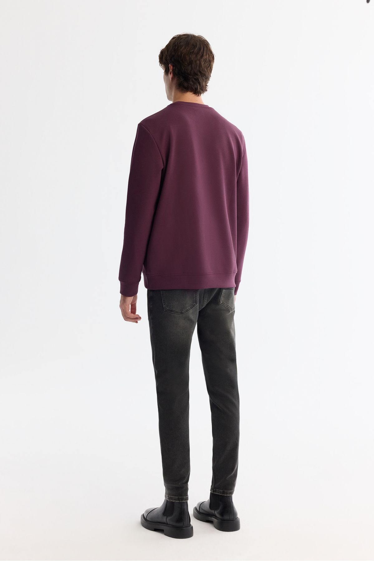 Erkek Bordo Bisiklet Yaka Pamuklu Baskılı Elastan Sweatshirt A42y1267