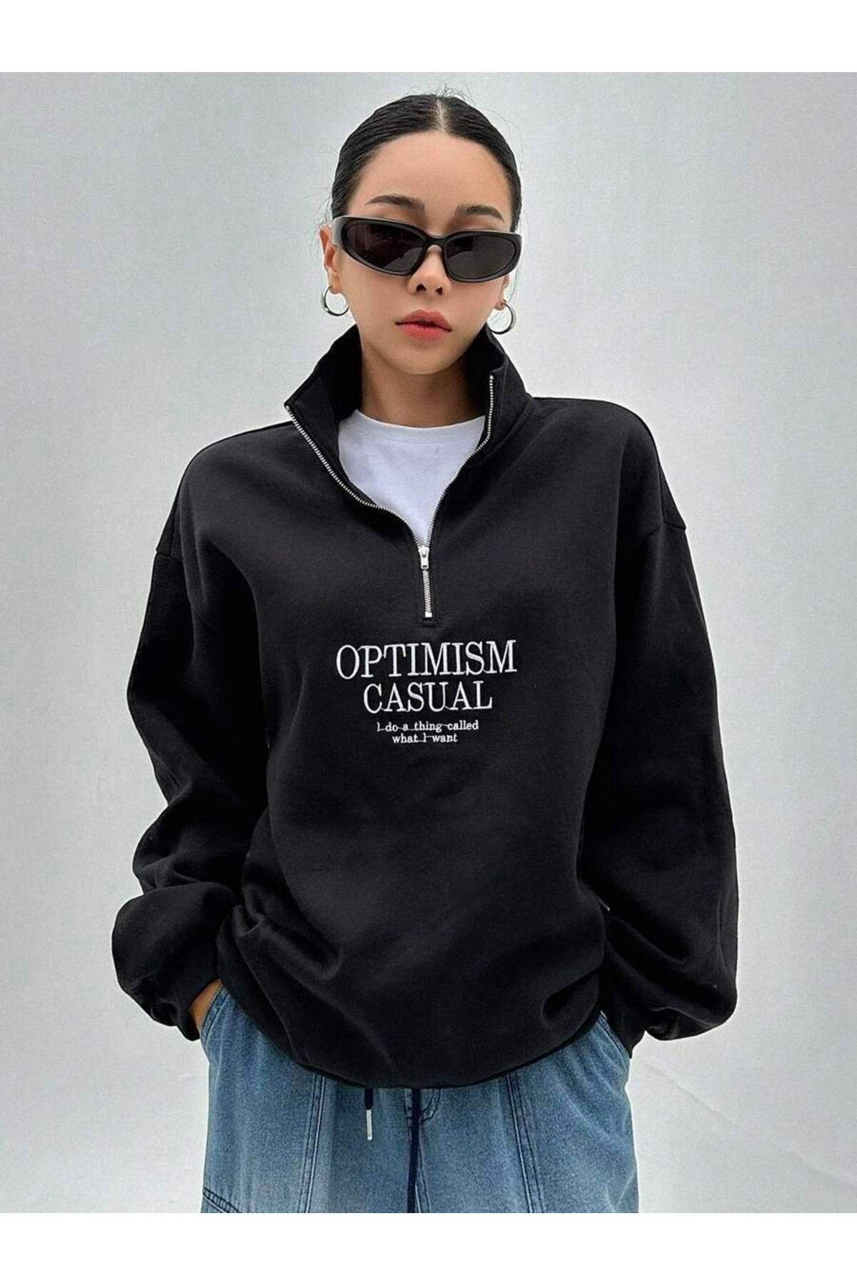 Unisex V-Yaka Fermuarlı Basic Baskılı Oversize Swetshirt