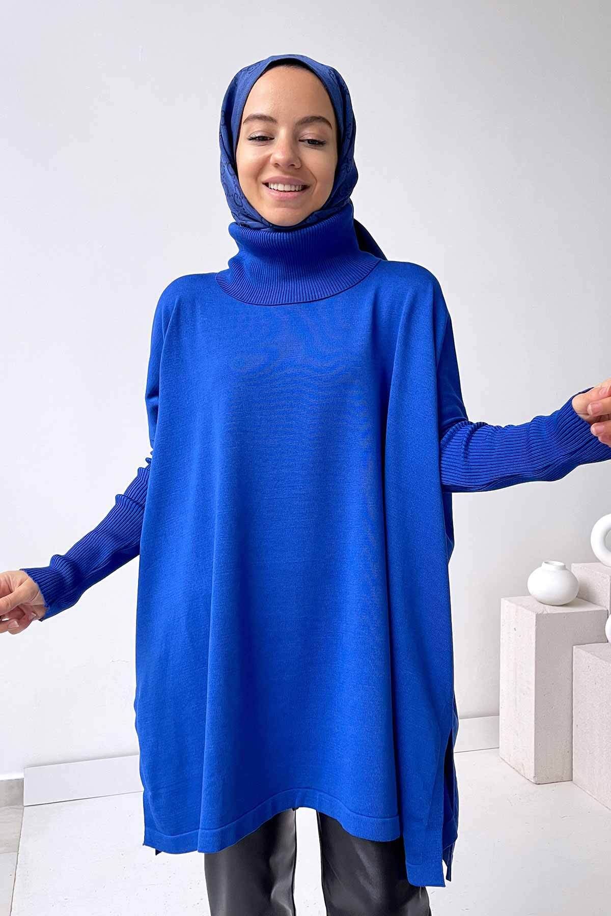 Oversize MerserizeTesettür  Tunik - Saks Mavi