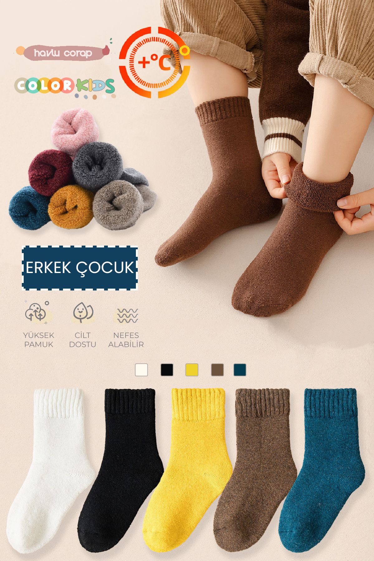 Color Socks5 Çift KışlıkErkek Çocuk Havlu Çor...