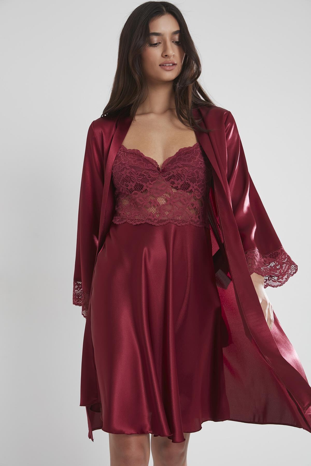 Pierre Cardin Kadın Saten Dantelli Gecelik Sabahlık Takım 4265 Bordo