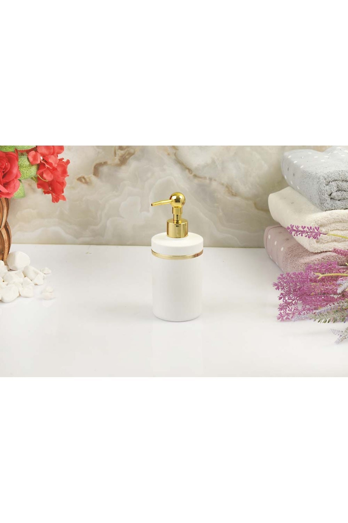 İmera Akrilik Yuvarlak Soft Banyo Sıvı Sabunluk 400 Ml Altın Çizgi Beyaz