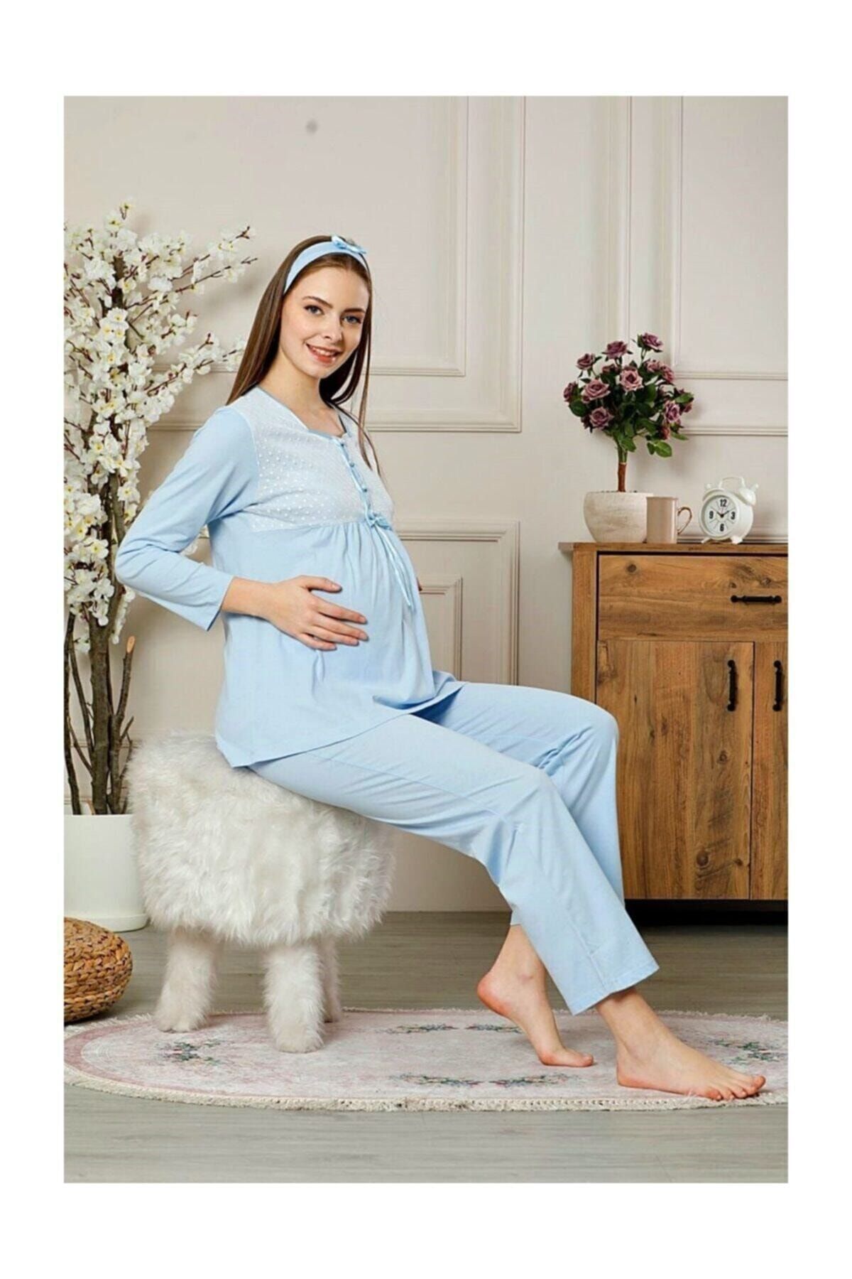 alimer kadin mavi hamile lohusa pijama takimi 3 parca fiyati yorumlari trendyol