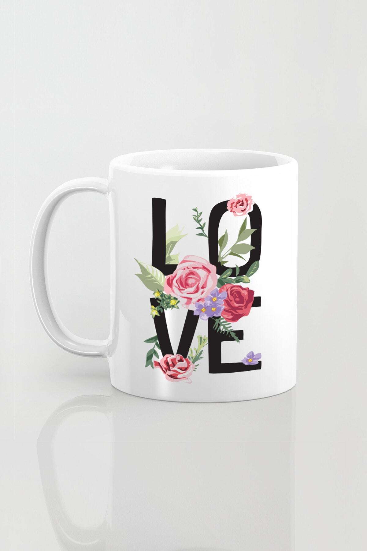 flamma Love Yazılı Gül Desenli Kupa Bardak