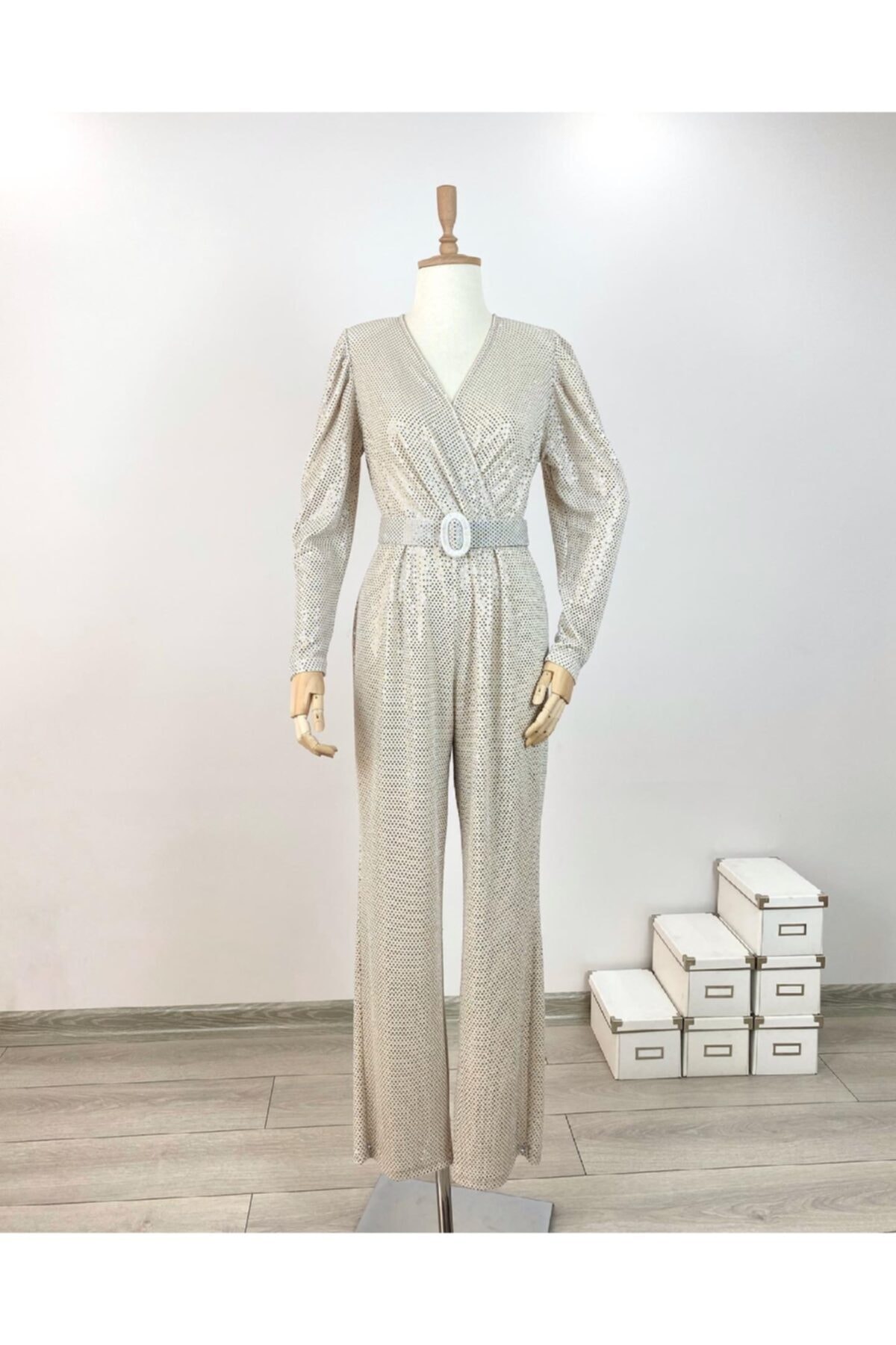Hom Fashion Kadın Kruvaze Yaka Payet Tulum
