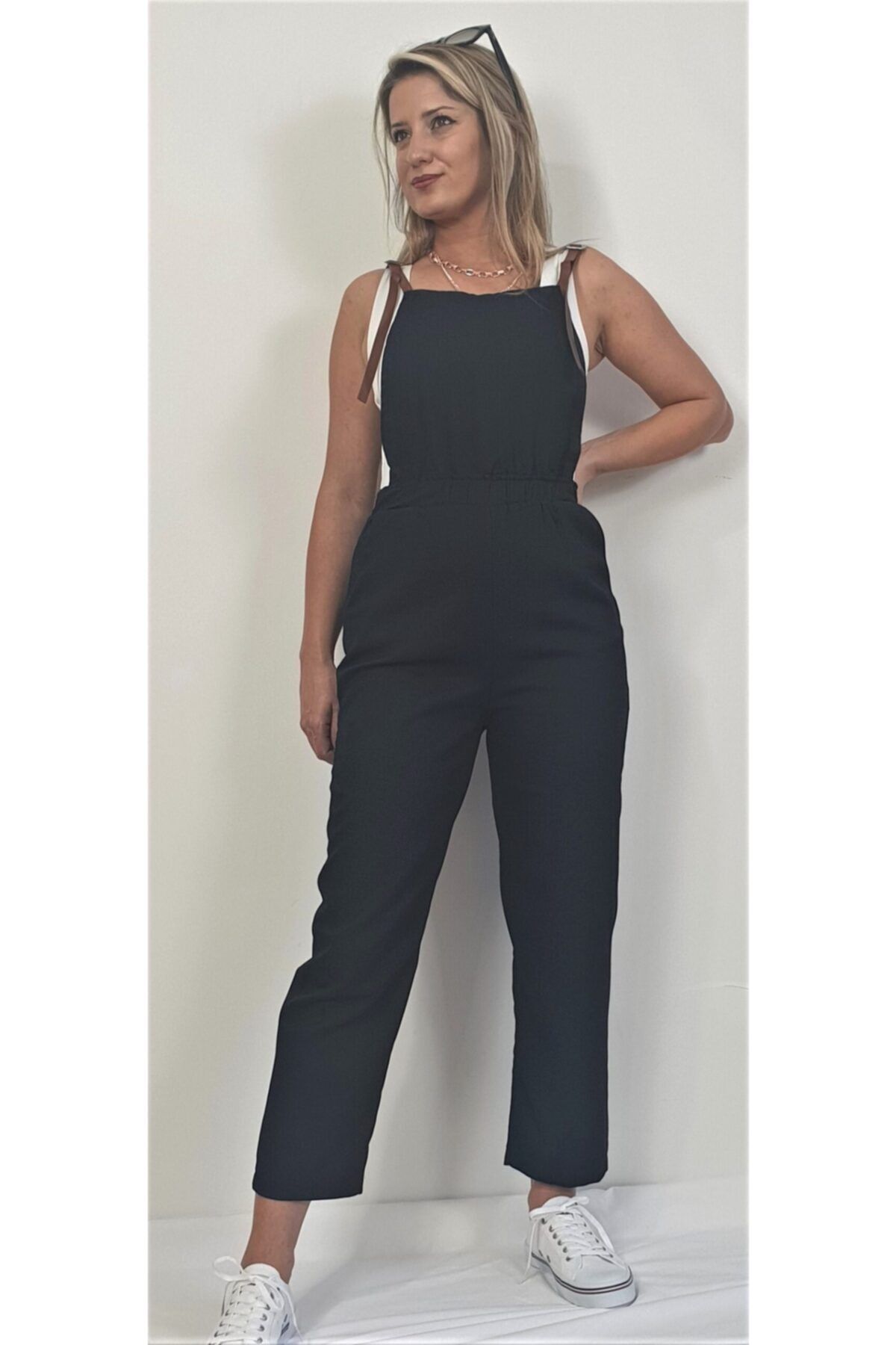 Tek Butik By TzY Kadın Siyah Deri Askılı Salopet