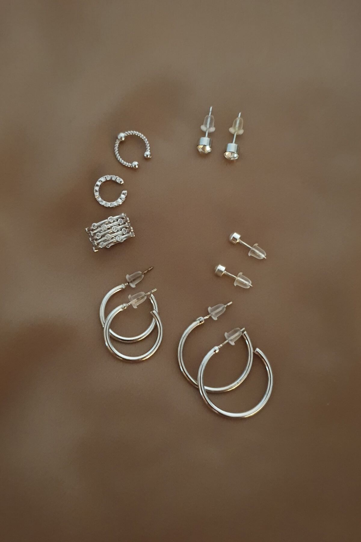 Bej Takı Zirkon Taşlı Silver Kadın Ear Cuff Seti