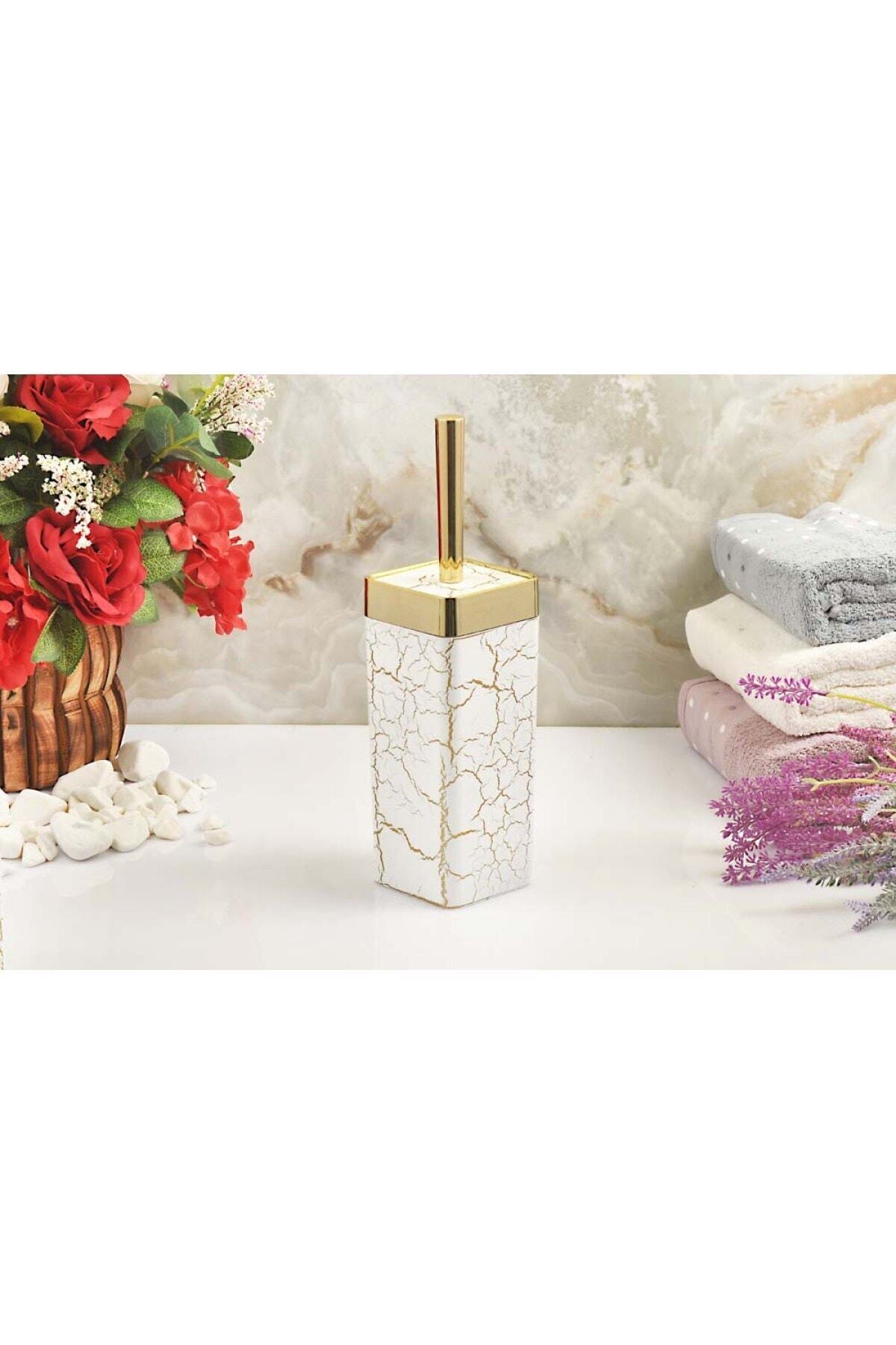 İmera Akrilik Yapım Gold Mermer Banyo Kare Tuvalet Fırçası Wc Fırçası Beyaz