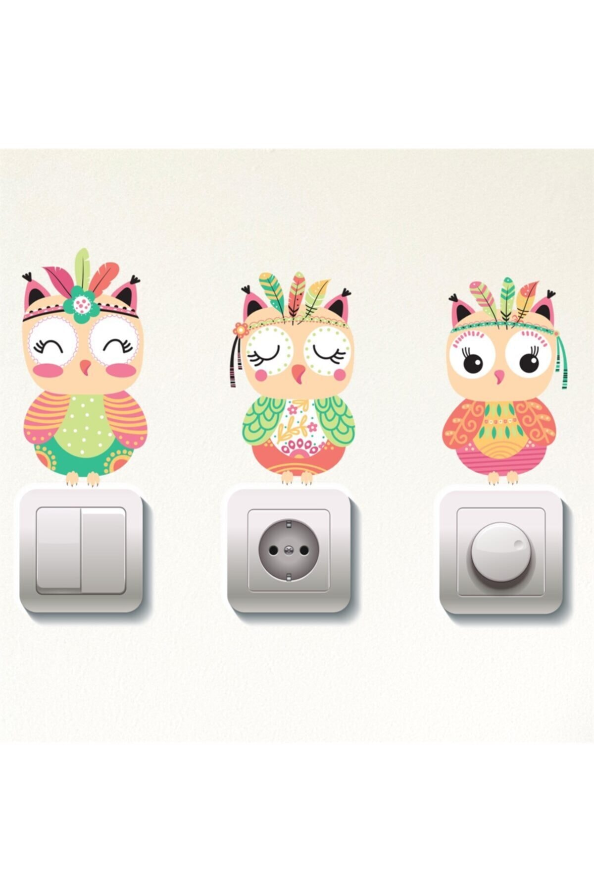 Canvartie Kızılderili Pastel Baykuşlar Üçlü Priz Sticker