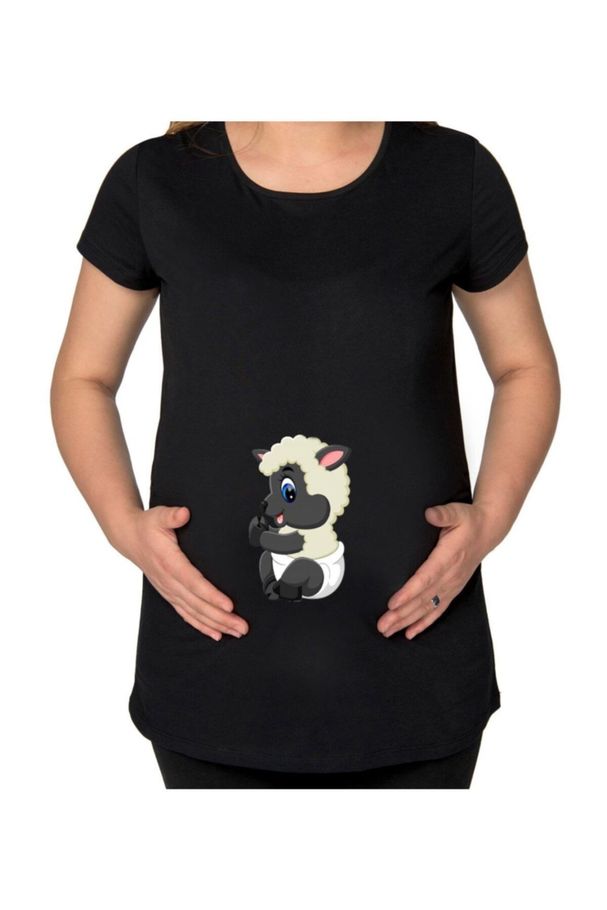 BK Gift Bebek Koyun Tasarımlı Siyah Hamile Tişört-1