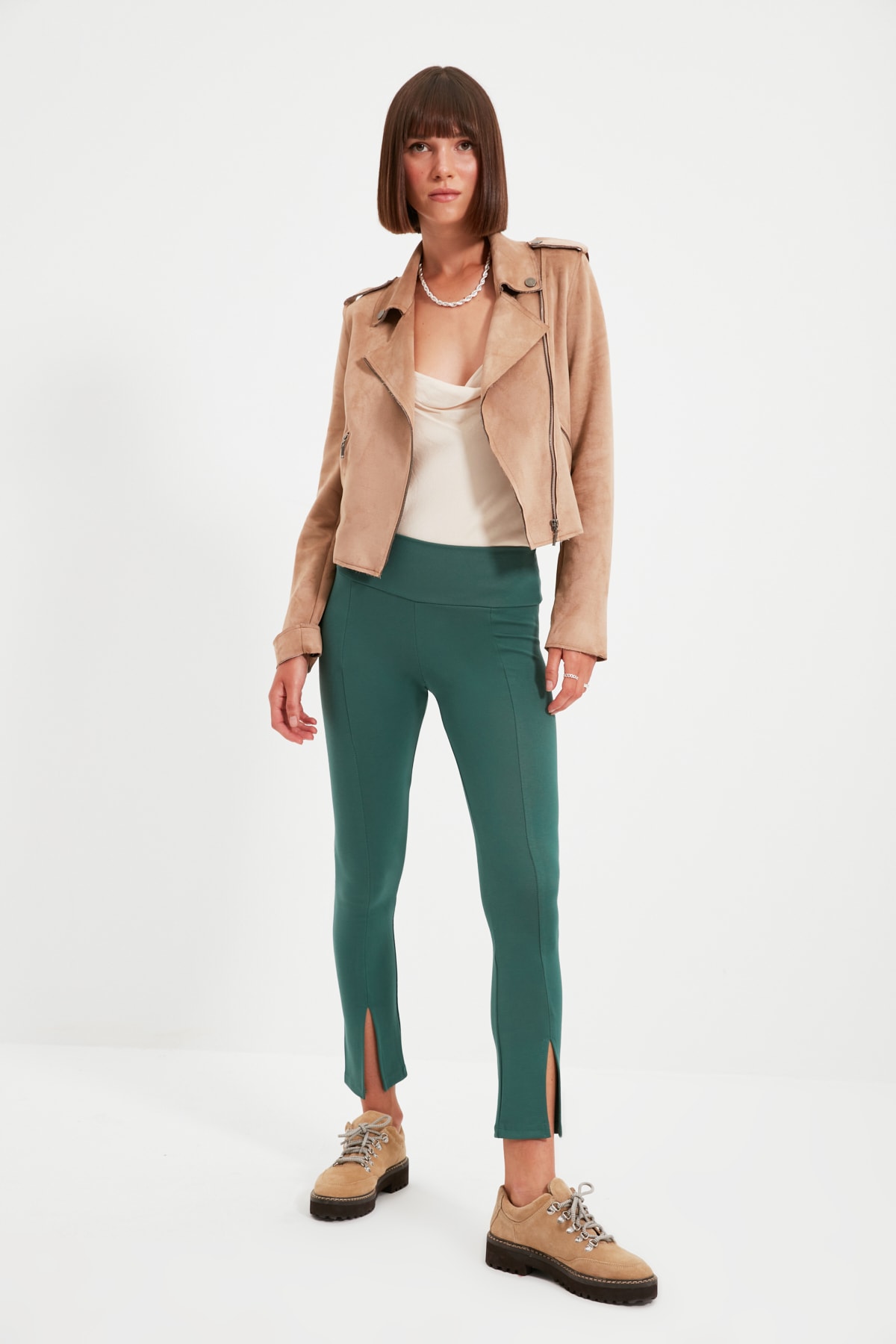 TRENDYOLMİLLA Zümrüt Yeşili Yırtmaç Detaylı Örme Tayt TWOAW22TA0004