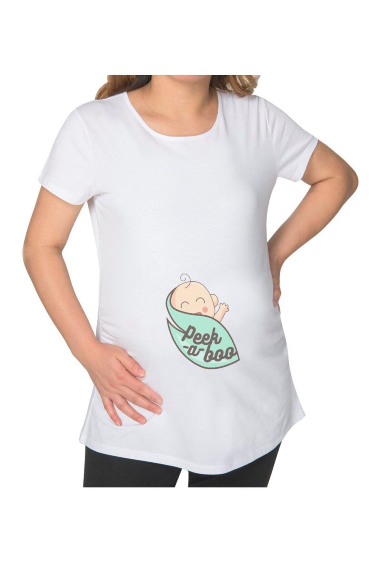 BK Gift Peek A Boo Tasarımlı Beyaz Hamile Tişört-1