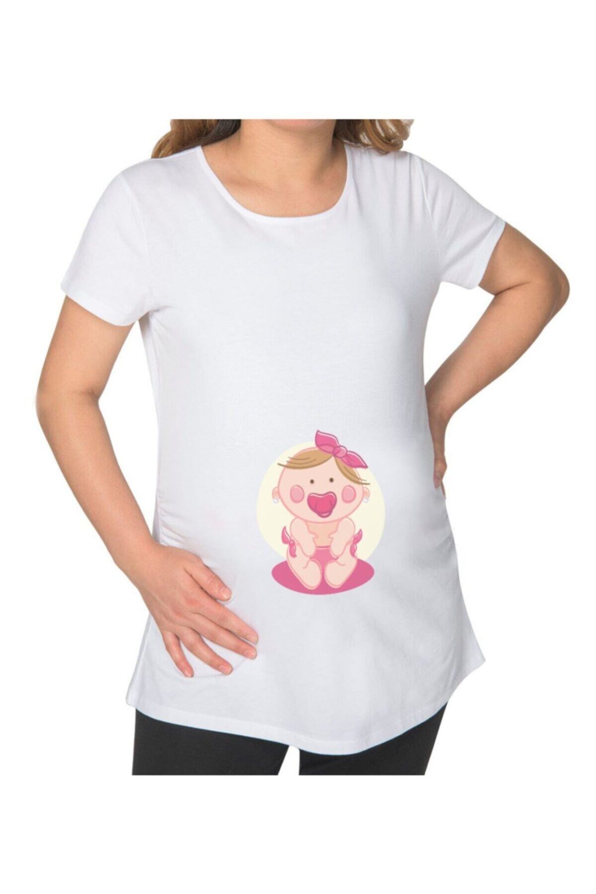 BK Gift Kız Bebek Tasarımlı Beyaz Hamile Tişört-2