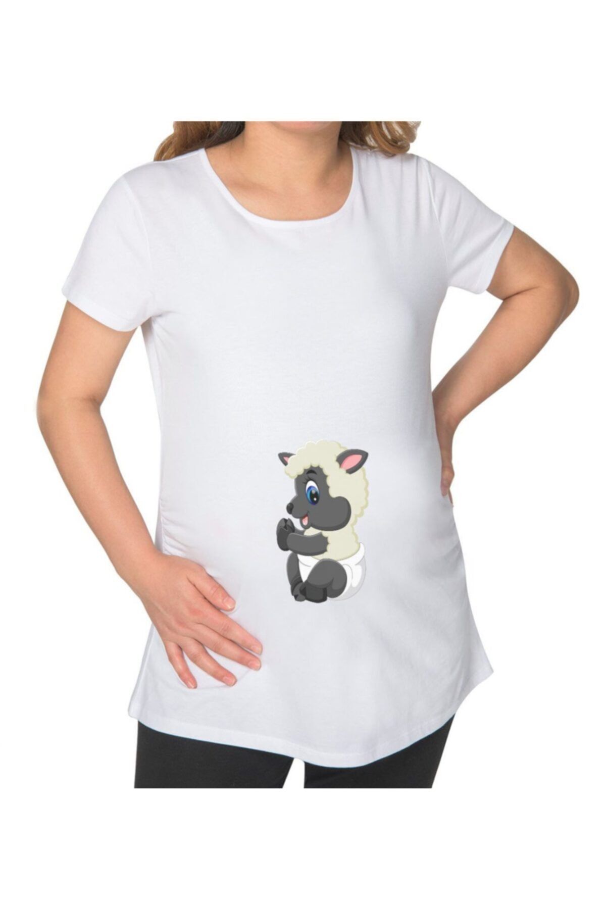BK Gift Bebek Koyun Tasarımlı Beyaz Hamile T-Shirt