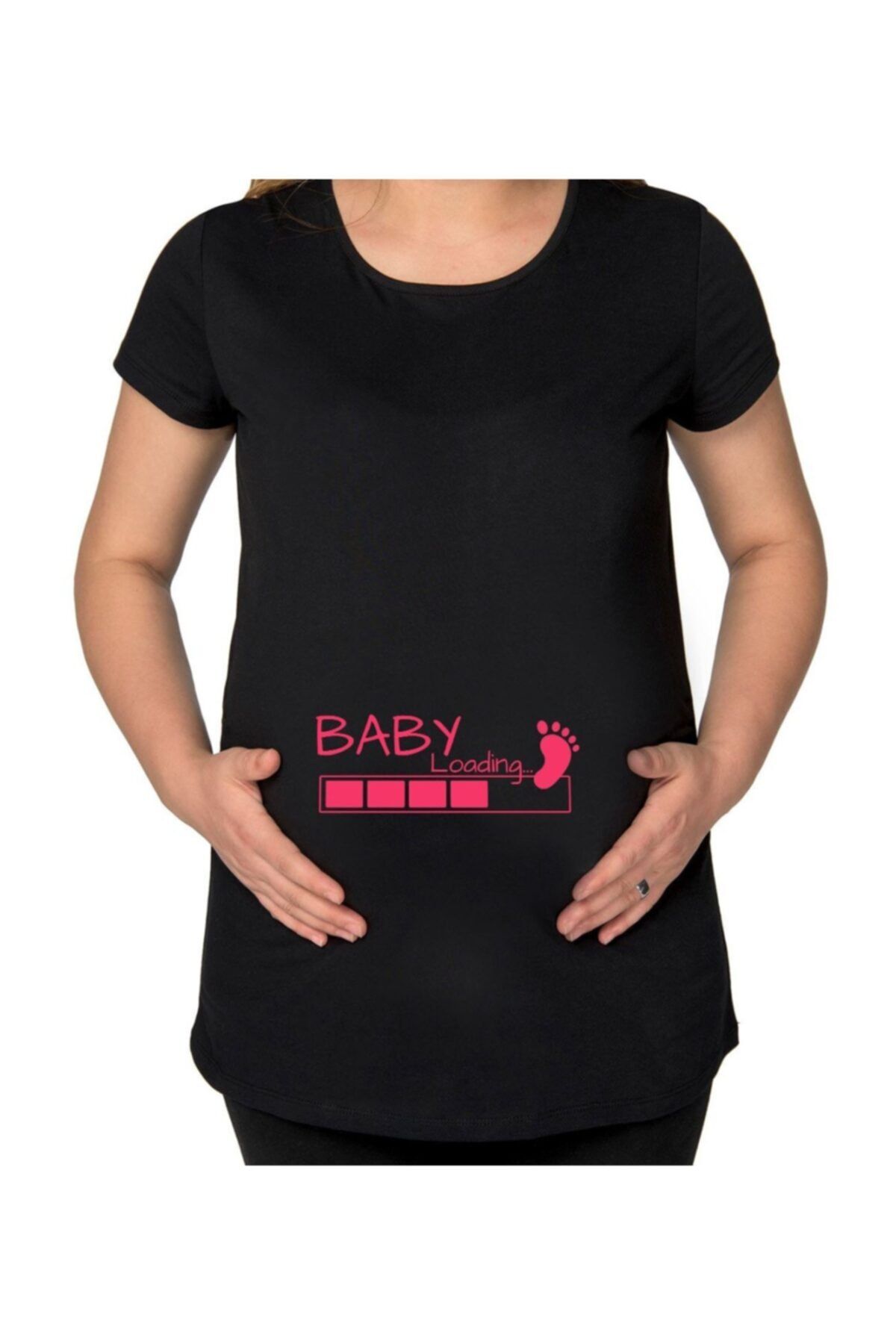 BK Gift Baby Loading Tasarımlı Siyah Hamile T-shirt