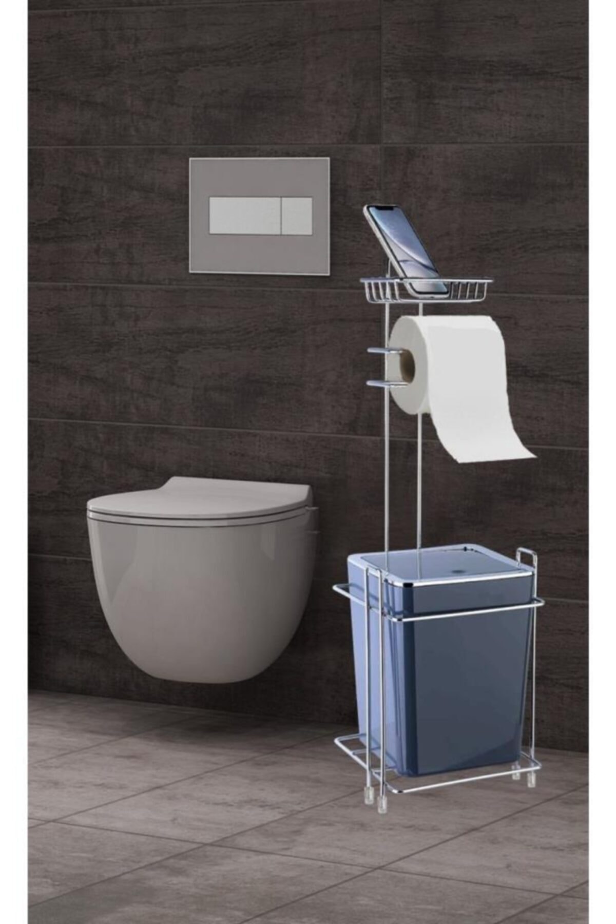 sinerjistore Paslanmaz Krom Wc Tuvalet Kağıtlık Ve Çöp Kovası Dikdörtgen Mavi Modern Banyo Stand