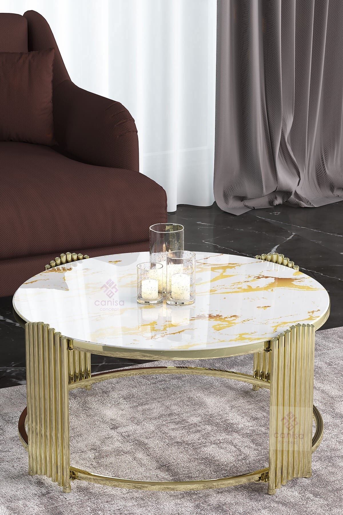 Canisa Concept Canisa Sinem Serisi - Orijinal Cam Orta Sehpa Beyaz Sarı Mermer Desenli / Gold