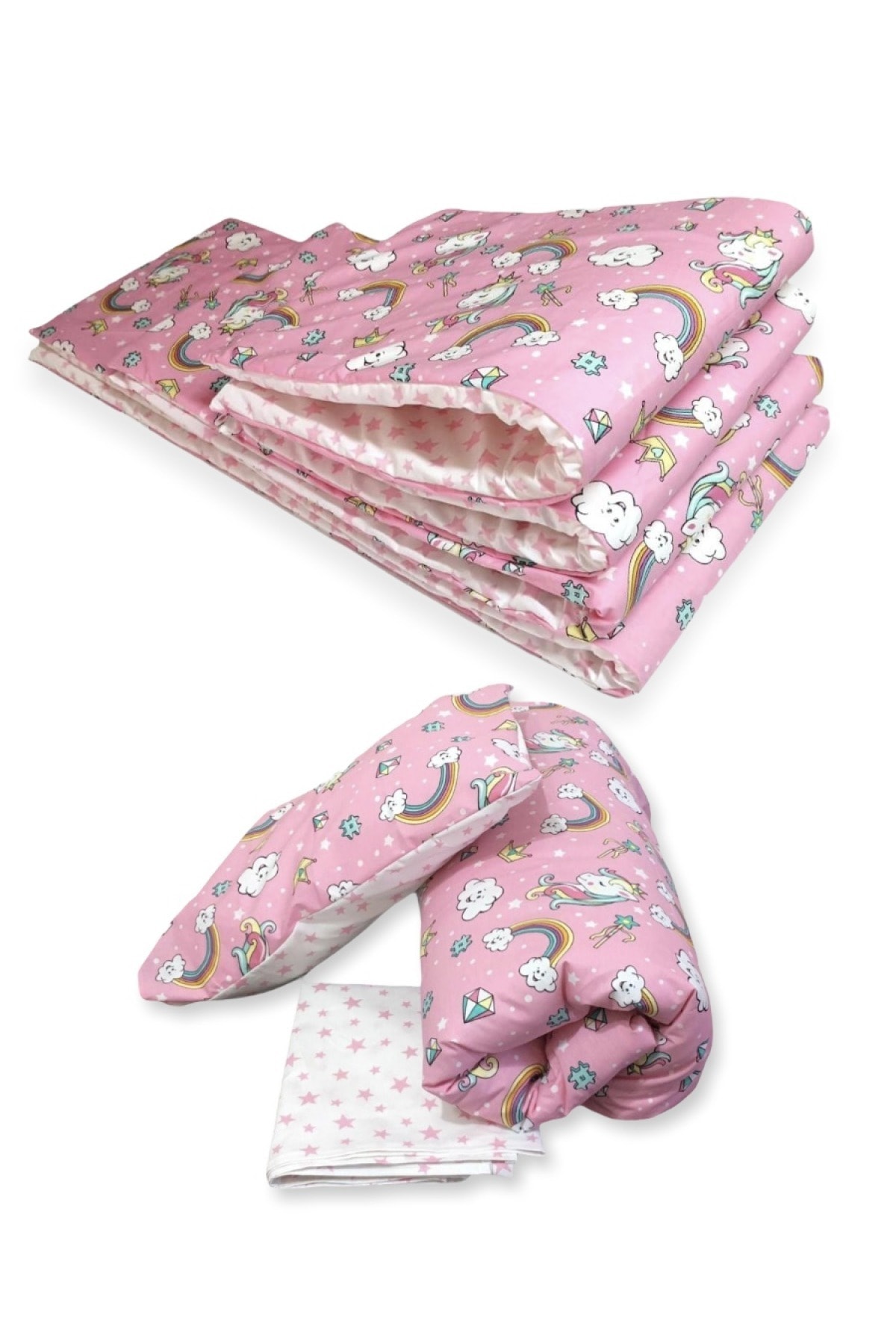 Bebek Özel %100 Pamuk 70x110 Park Beşik Kenar Koruma Uyku Seti Pembe Unicorn Desenli (7 Parça)