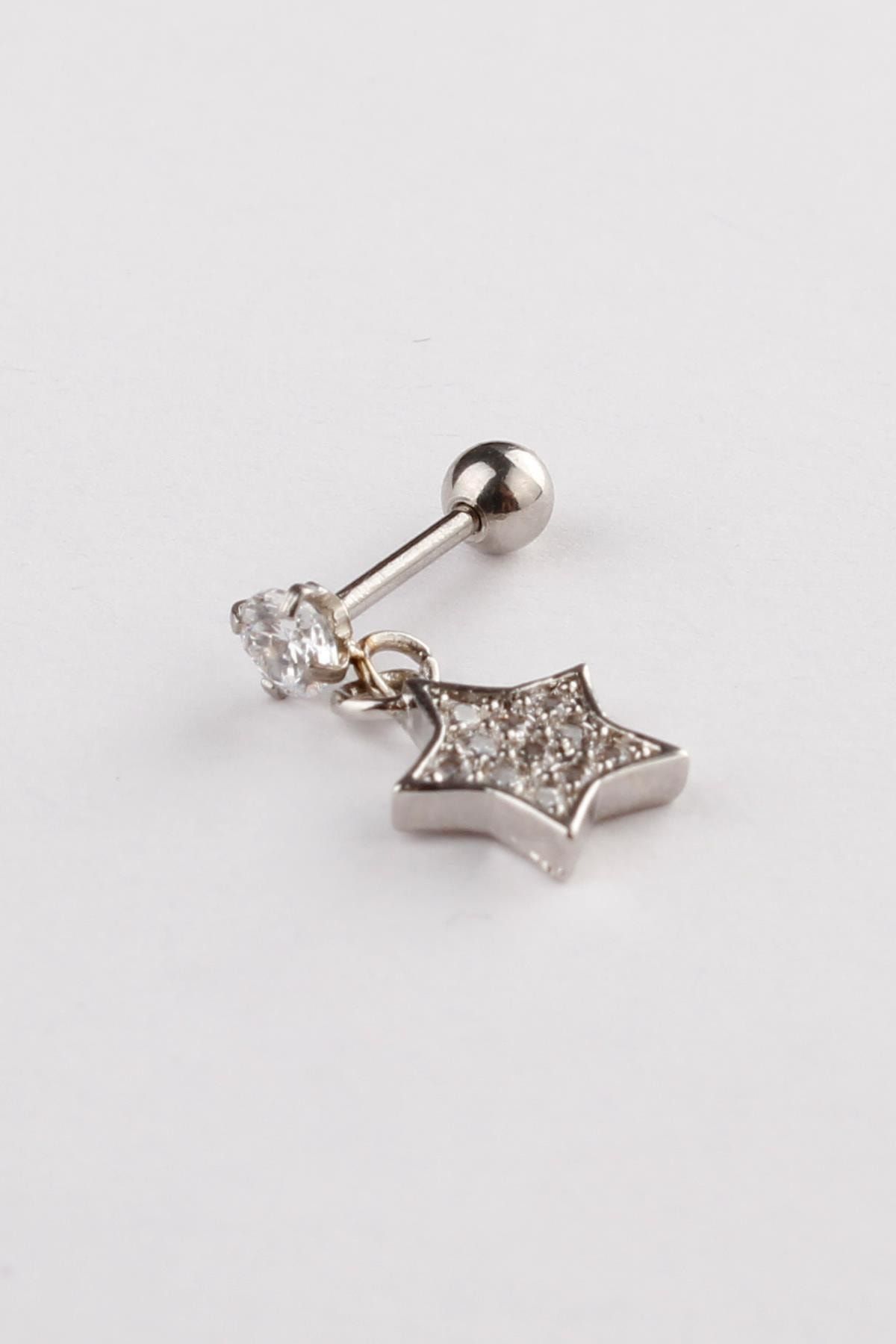 MadameConcept Paslanmaz Cerrahi Çelik Gümüş Renk Yıldız Sallantılı Zirkon Taşlı Tragus  Kıkırdak Piercing