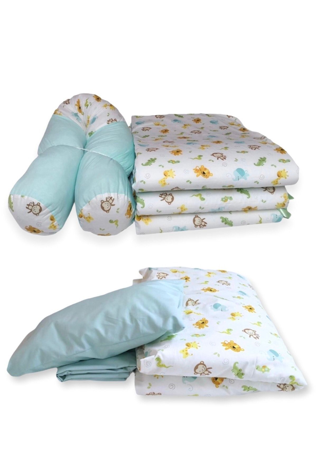 Bebek Özel 70x130 Beşik Kenar Sosis Koruma Uyku Seti Sevimli Hayvan Mint (7 Parça)