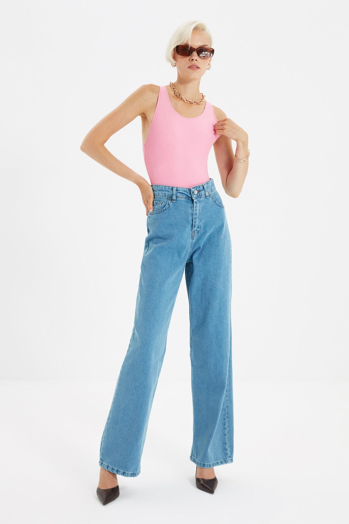 TRENDYOLMİLLA Mavi Yüksek Bel Wide Leg Jeans TWOAW22JE0794