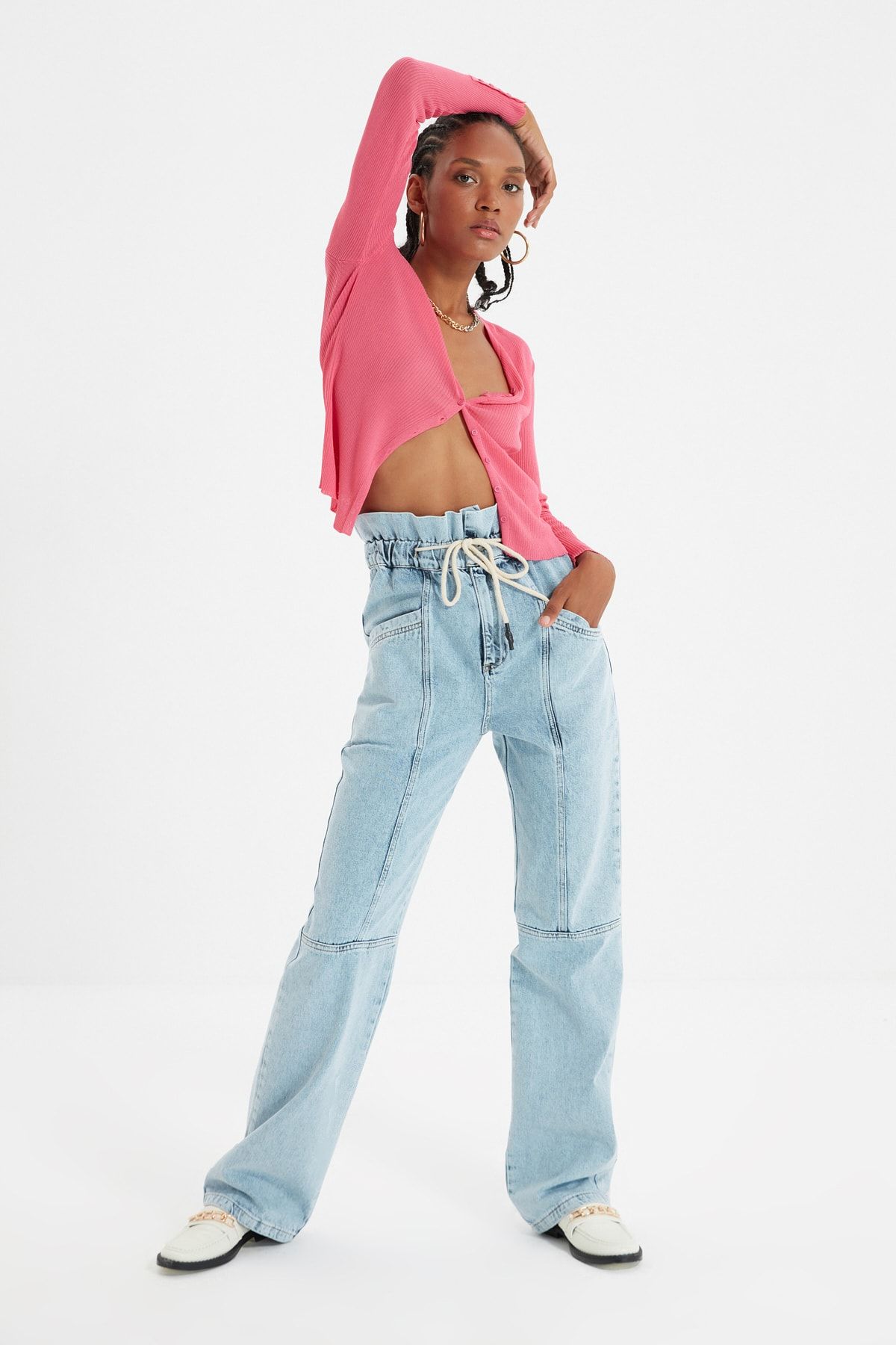 TRENDYOLMİLLA Mavi Bel Detaylı Kordonlu Yüksel Bel 90's Wide Leg Jeans TWOAW22JE0102