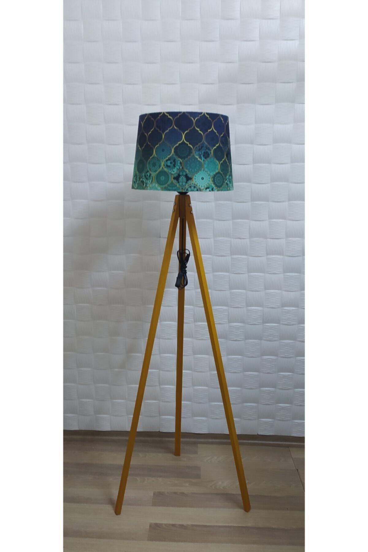 MCT 3 Ayaklı Lambader Naturel Ayak Patchwork Etnik Yeşil Mavi