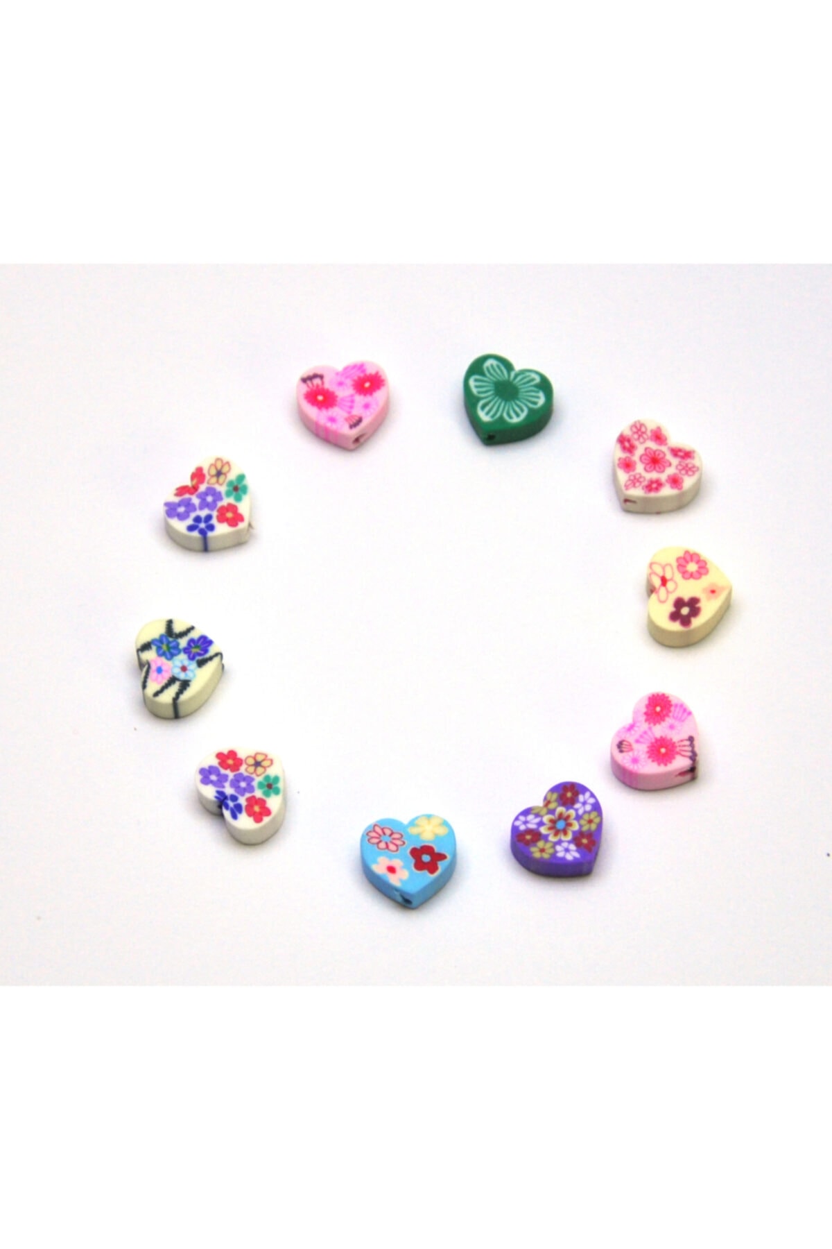 Bihızlı 10 Adet Fimo Hamur Boncuk ( Çiçek Desenli Kalp Model )
