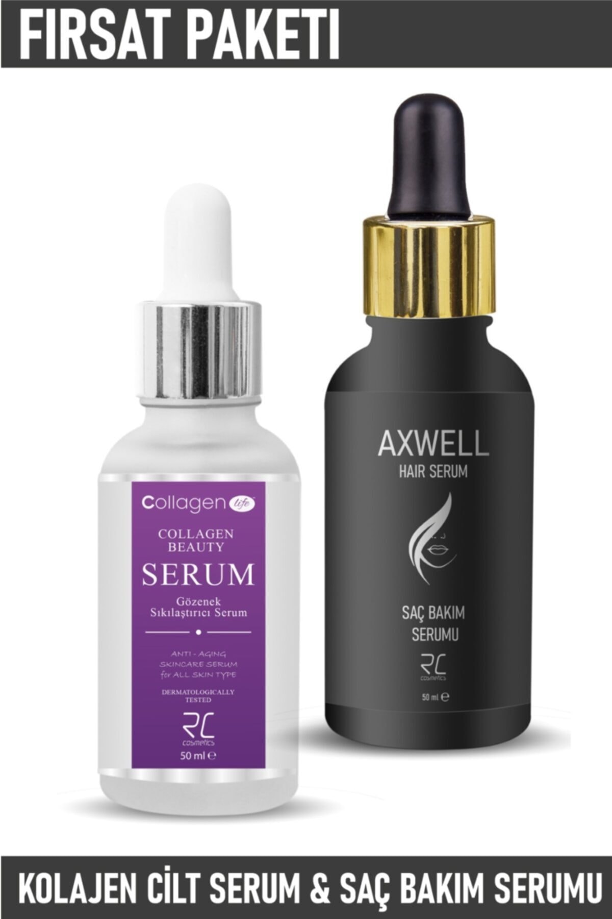 RC COSMETİCS Collagen Lıfe Kolajen Cilt Serumu 50ml& Axwell Saç Dökülmelerine Karşı Onarıcı Bakım Serumu 50ml