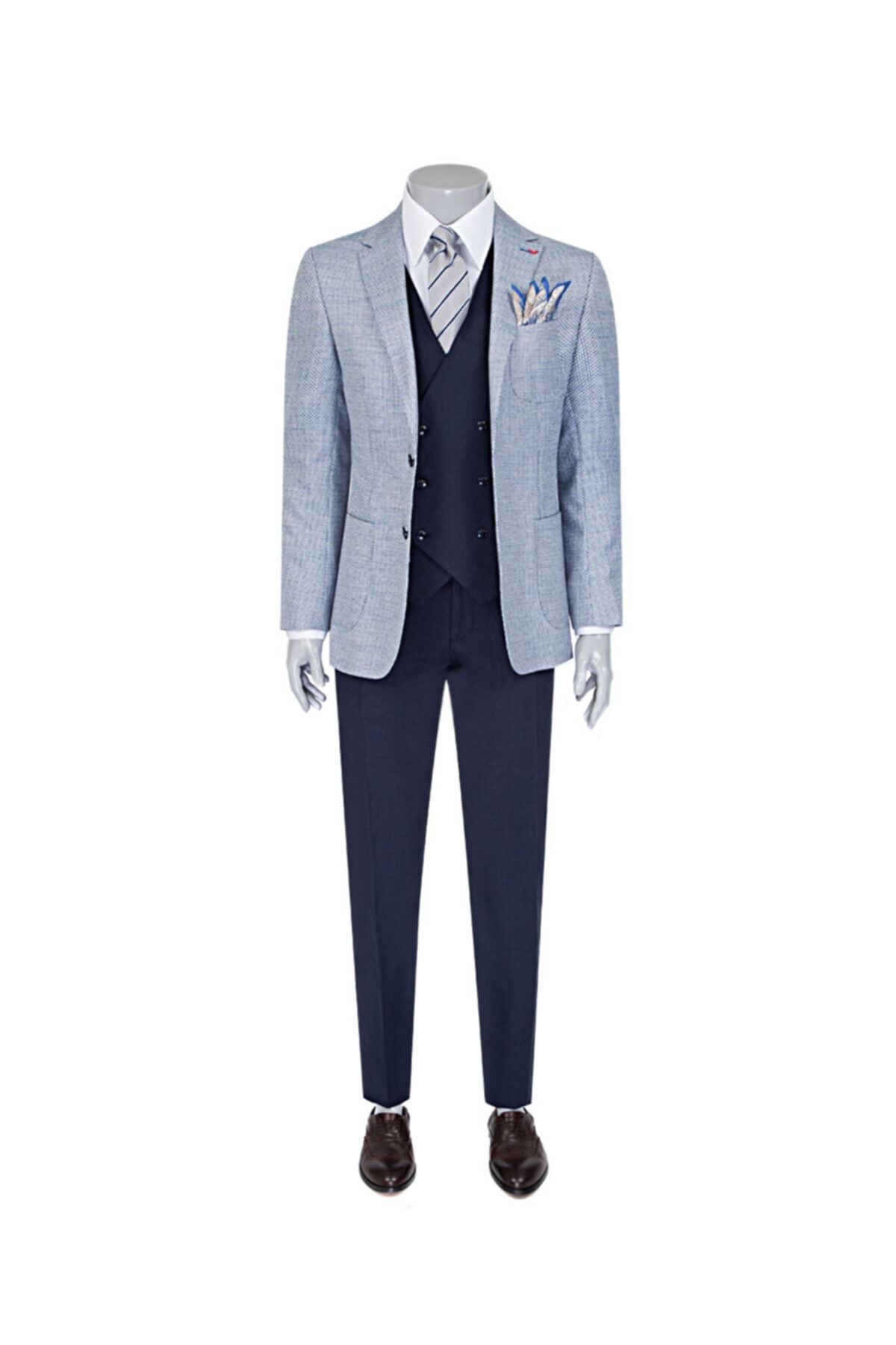D'S Damat Slim Fit Mavi Dokulu Kombinli Takım Elbise