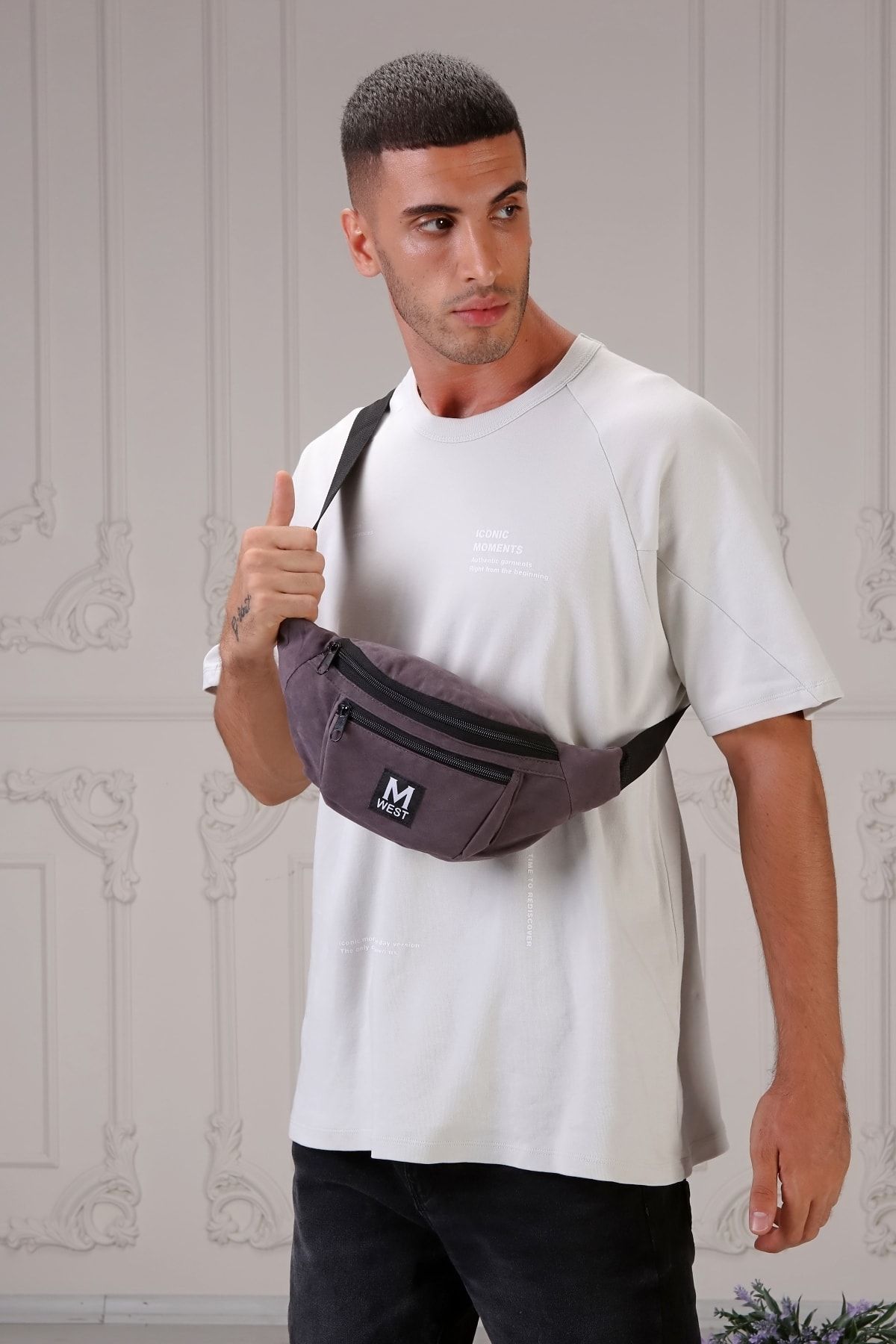 Moda West Unisex Gri Süet 3 Bölmeli Çapraz Bel ve Omuz Çantası