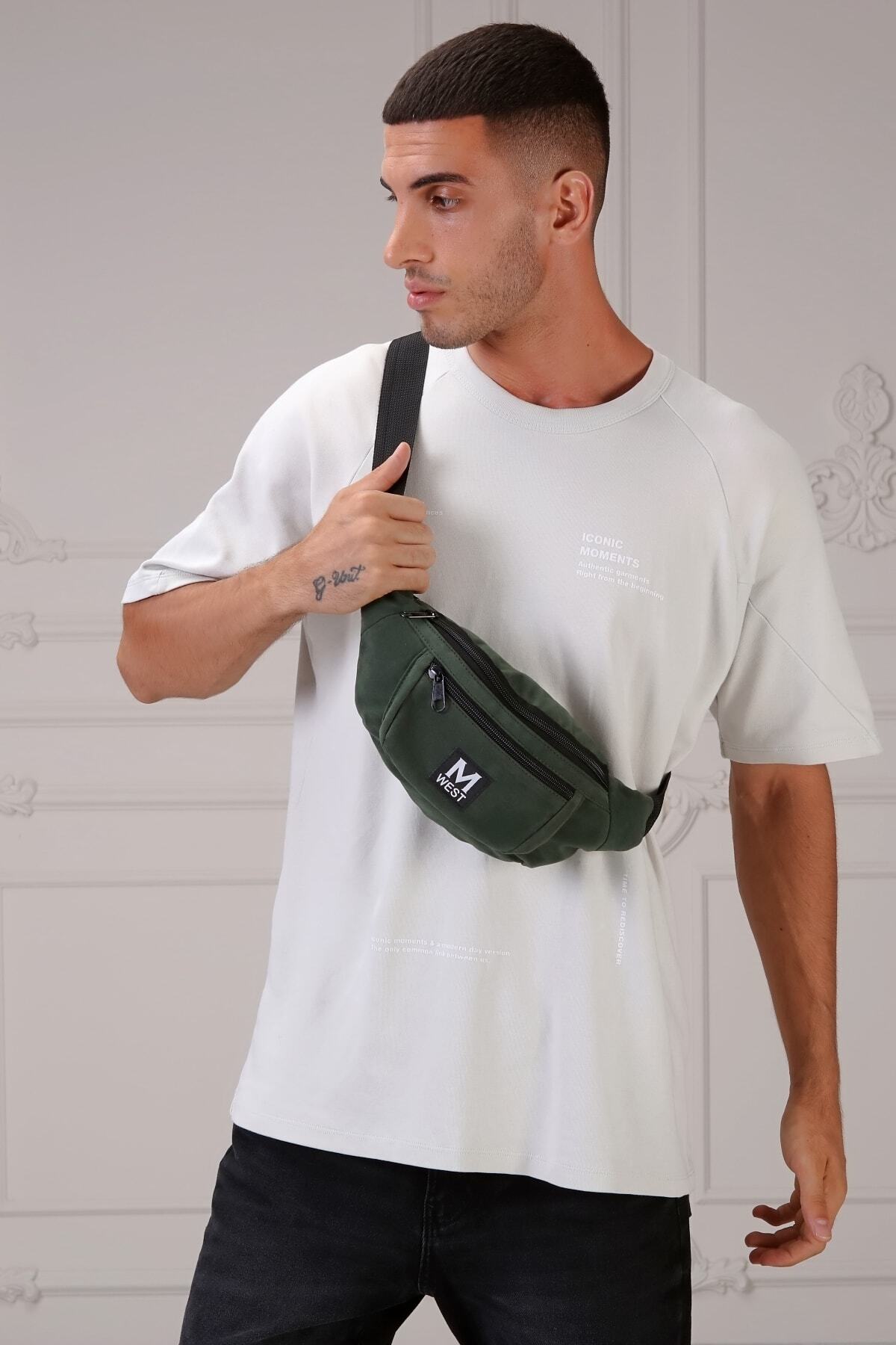 Moda West Unisex Haki Süet 3 Bölmeli Çapraz Bel Ve Omuz Çantası