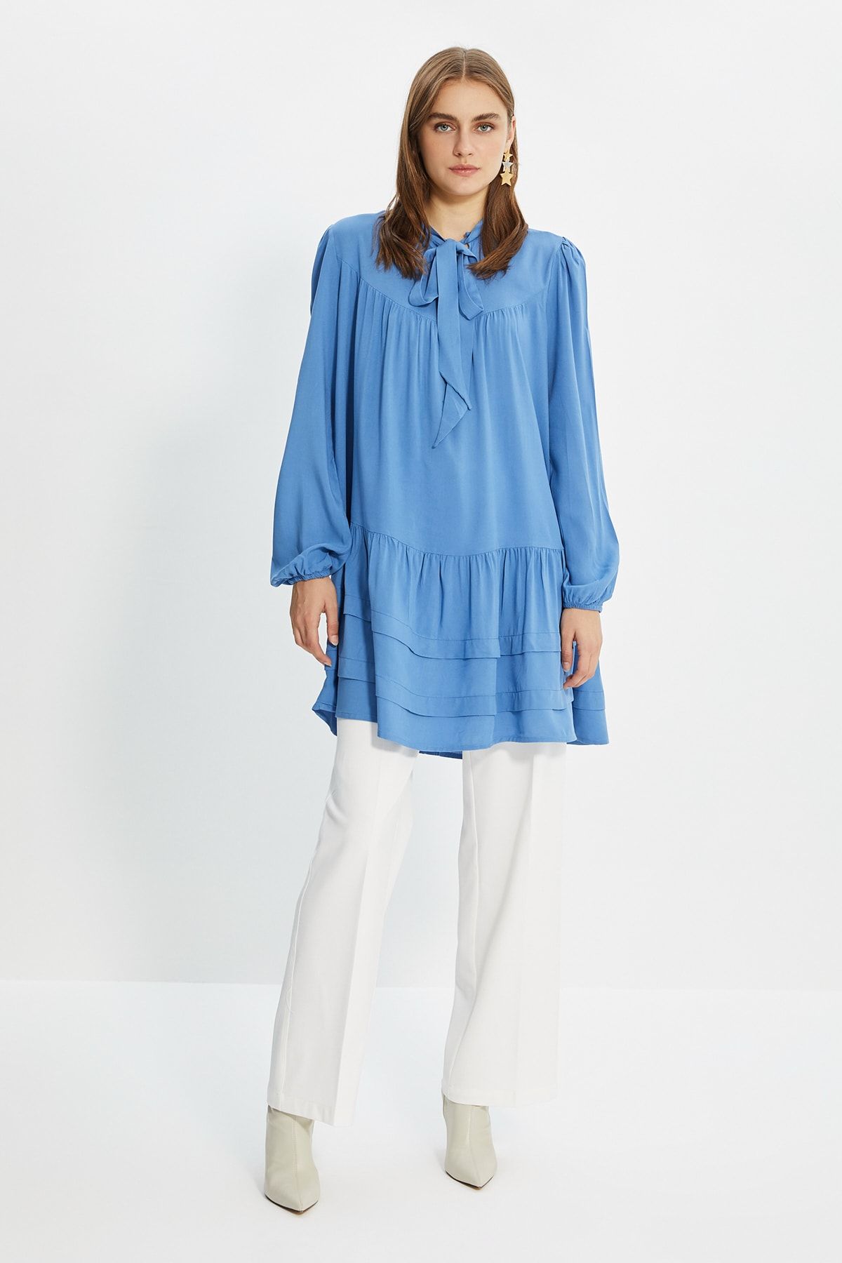 Trendyol Modest Mavi Fular Yaka Tunik TCTSS21TN0245