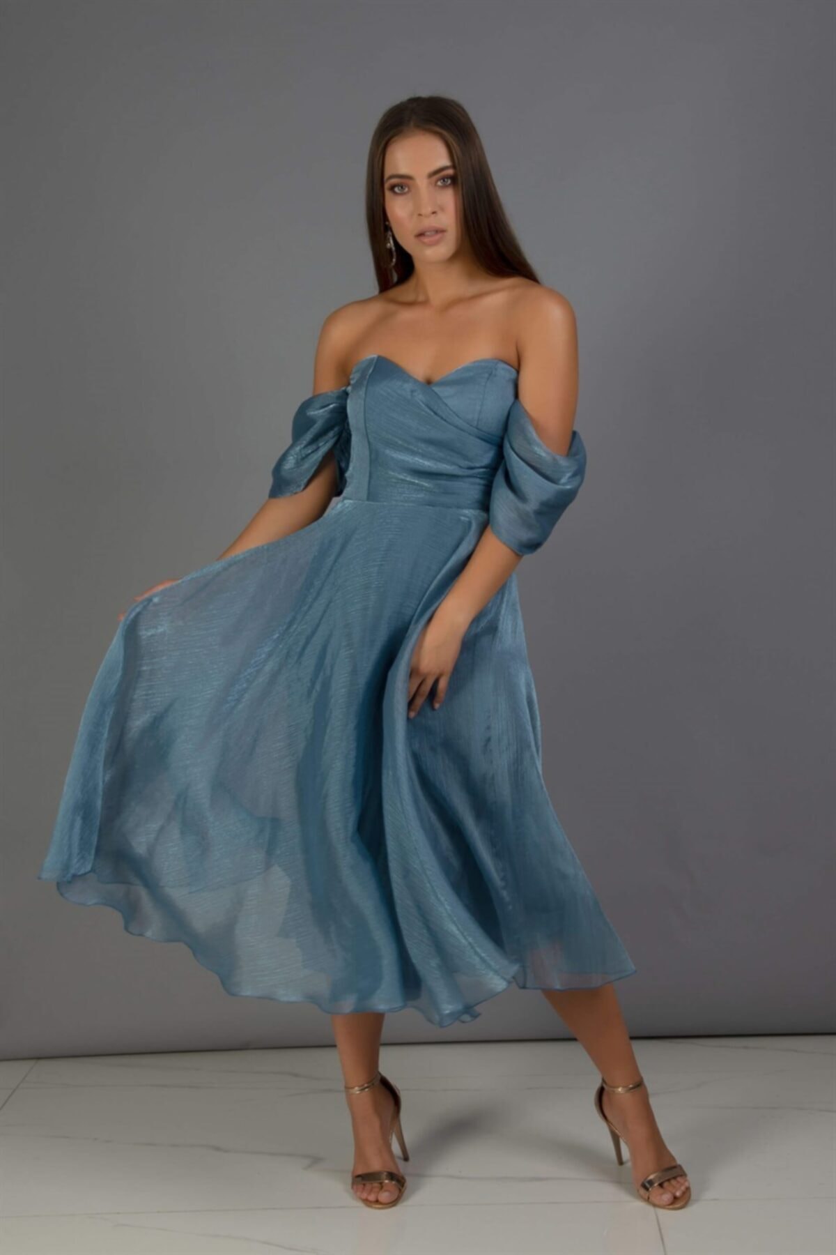 Carmen Indigo Düşük Kollu Organze Nişan Abiye Elbise