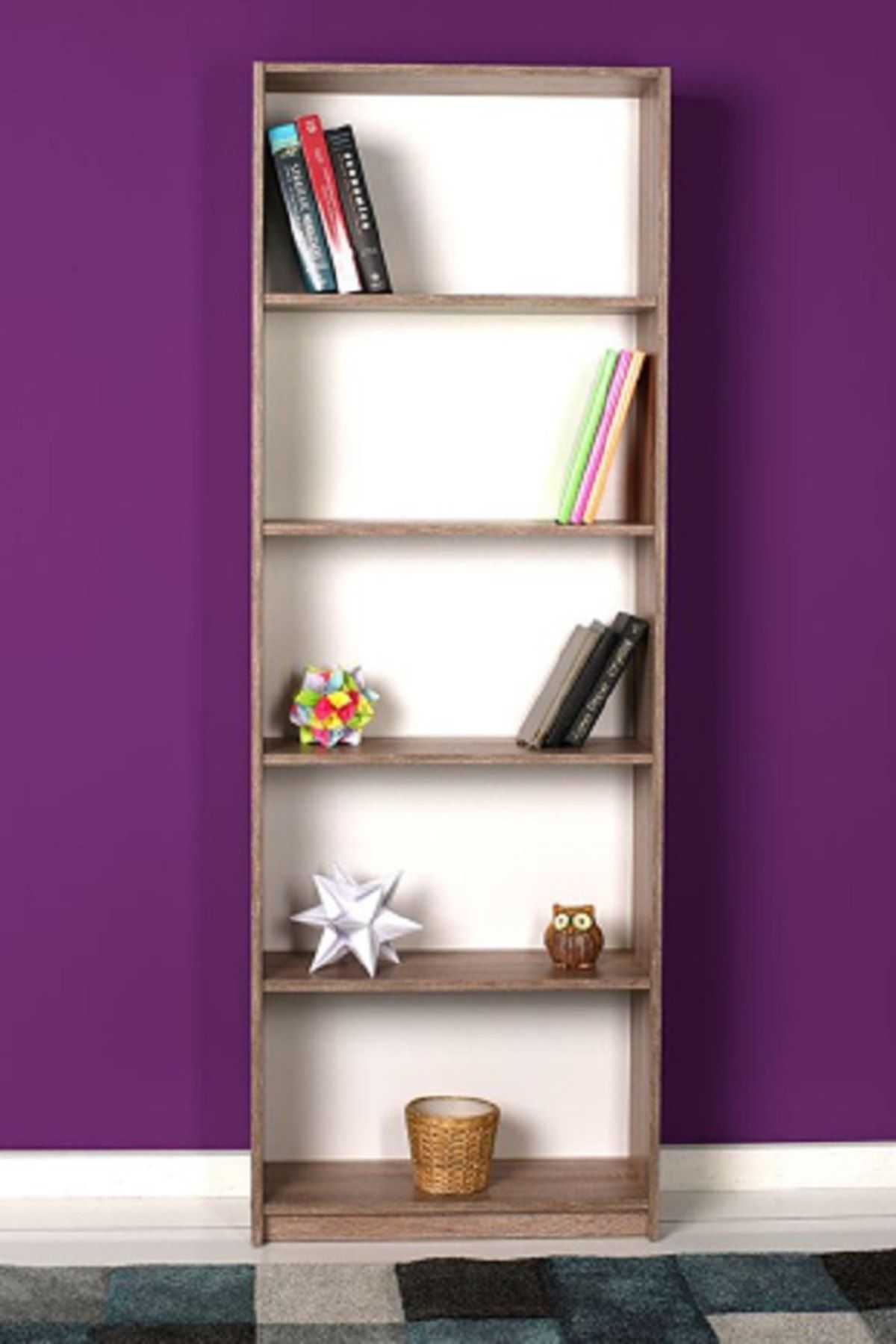 Waldern Dekoratif 5 Bölmeli Raflı Kitaplık Ceviz 60*25*170