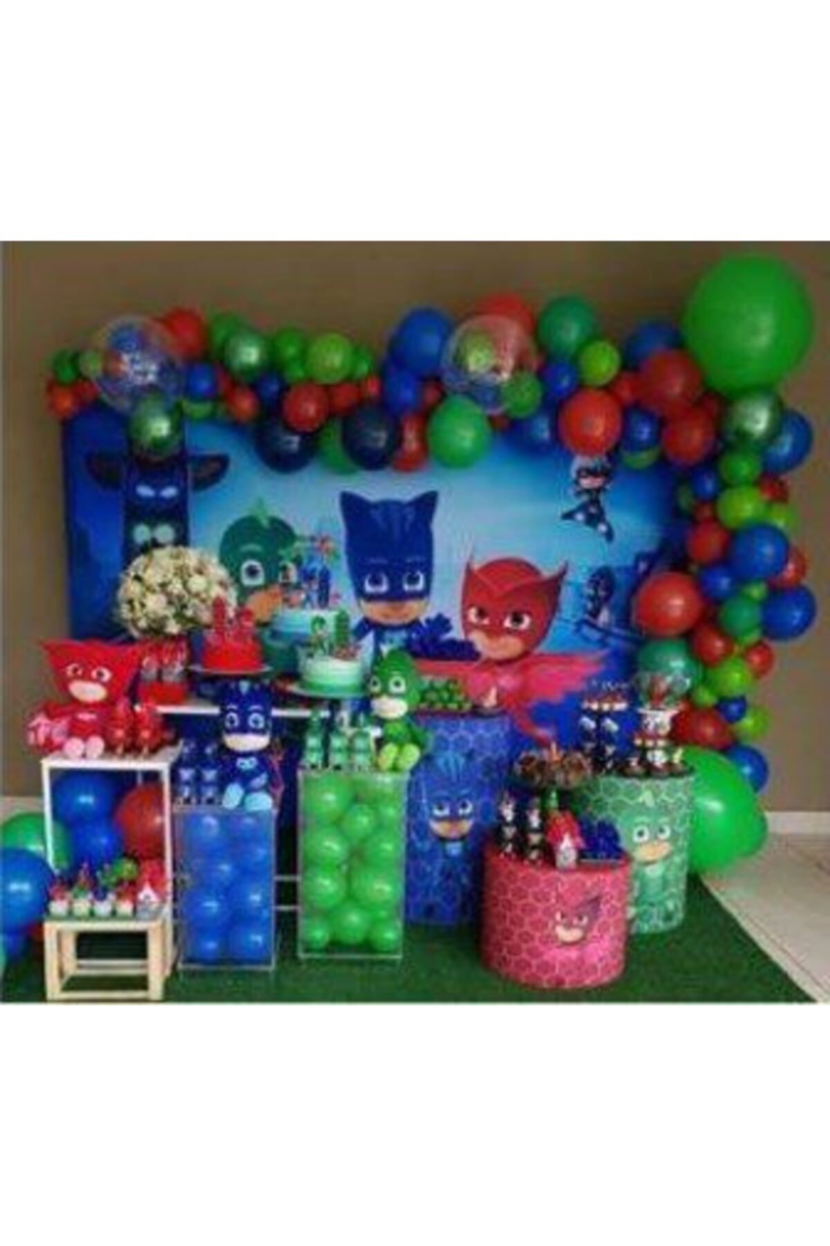 New Eco Pj Maskeliler 50 Adet Karışık Yeşil, Kırmızı, Mavi Metalik Parlak Balon Ve 2.5 Metre Balon Zinciri